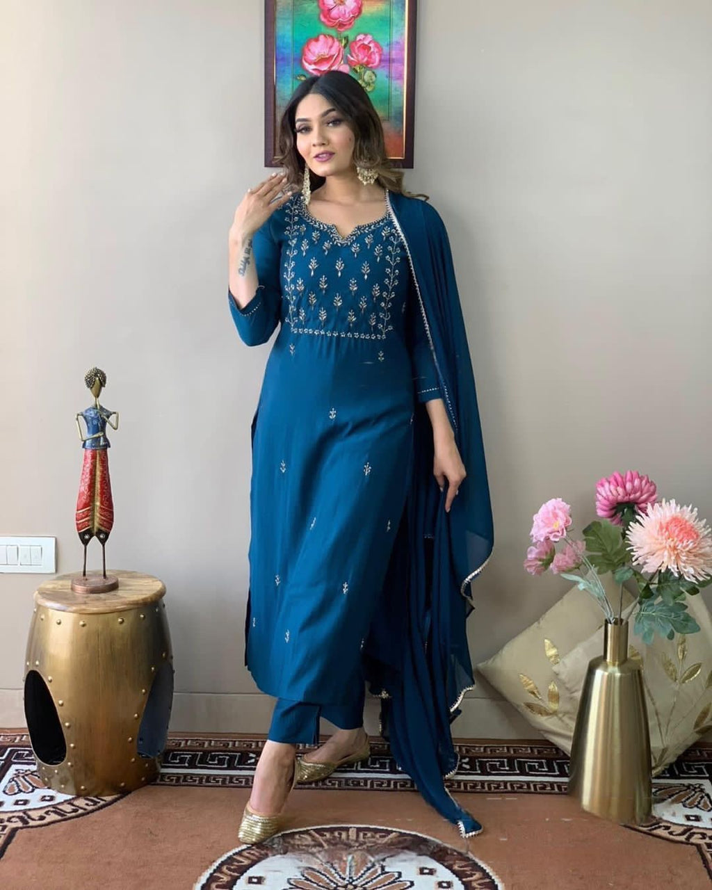 Teal Blue Rayon Salwar Suit with Dupatta - Embroidered Kurta Set