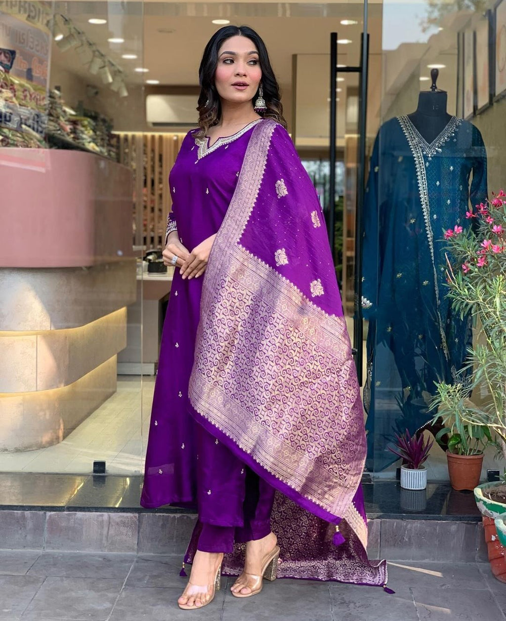 Purple Embroidered Silk based Kurta Set With Silk dupatta