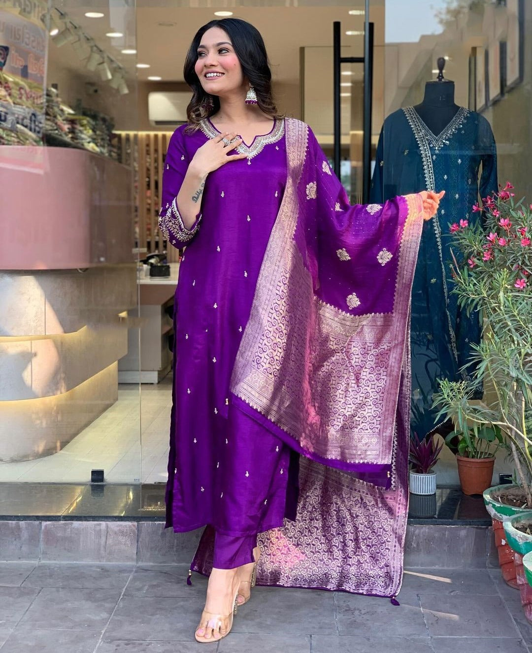 Purple Embroidered Silk based Kurta Set With Silk dupatta