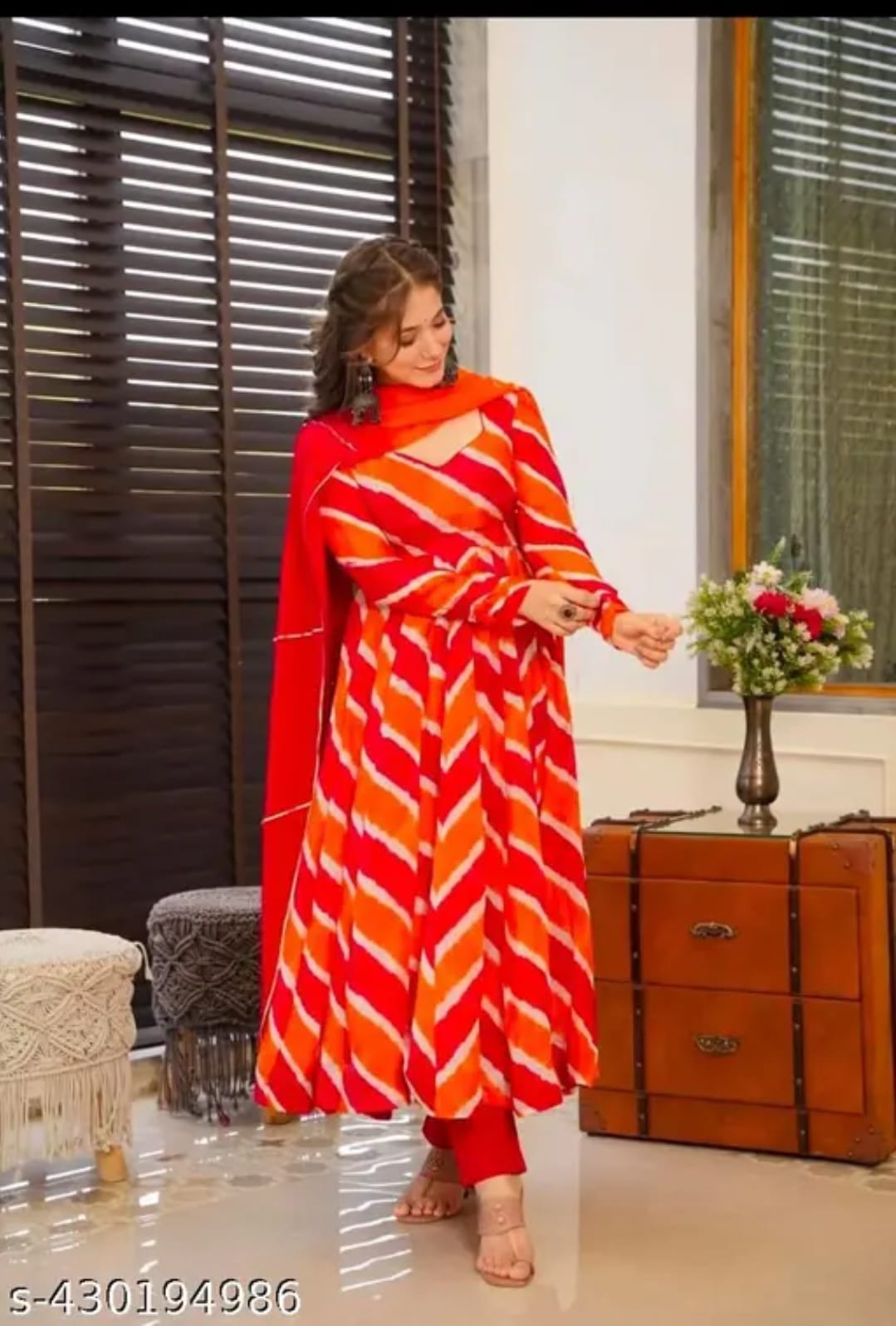 Leheriya Kurta Set - Muslin Anarkali with Chanderi Bottom & Chinnon Silk Dupatta