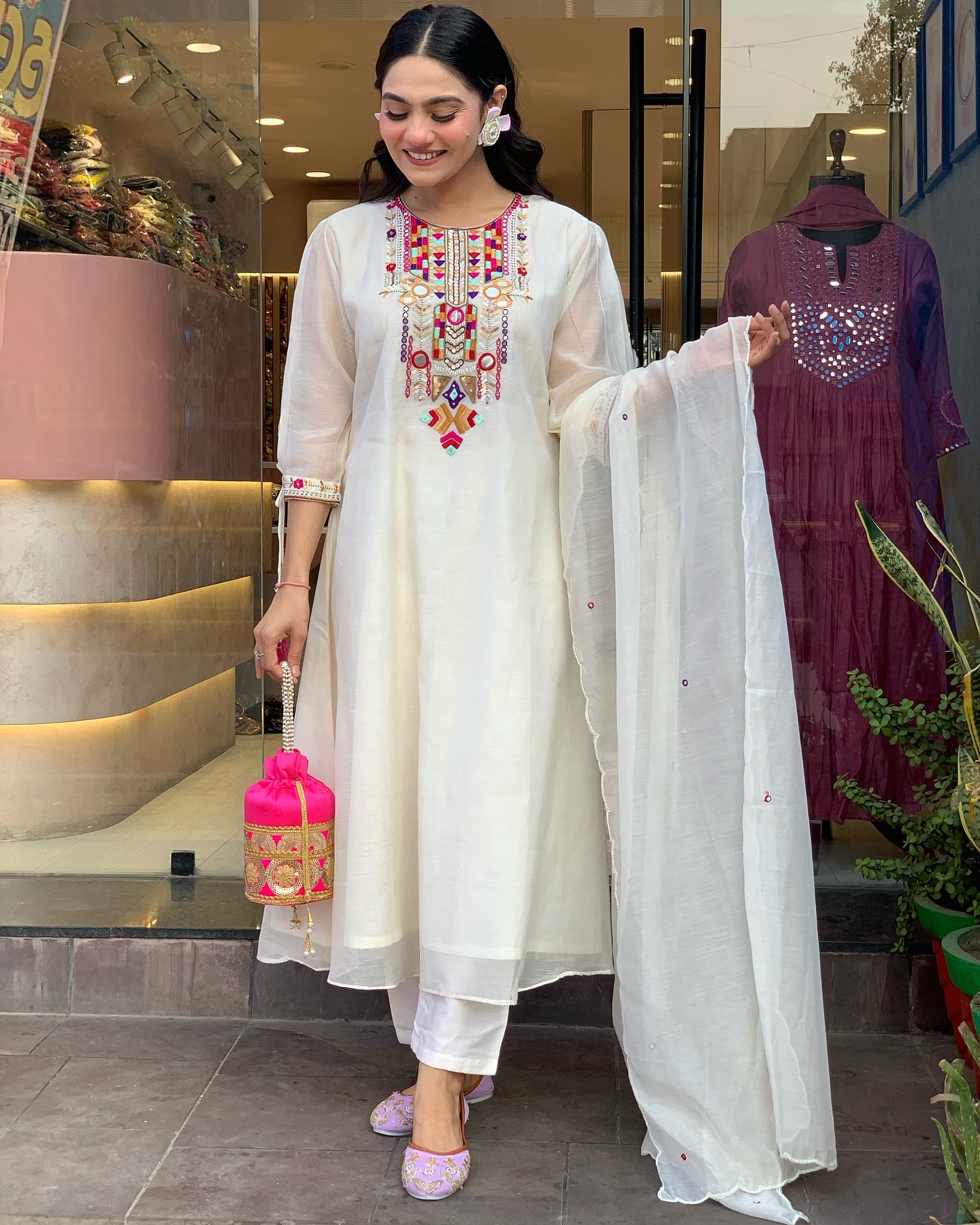 Embroidered Kurta Set - Straight Cut with Mirror Work & Dupatta