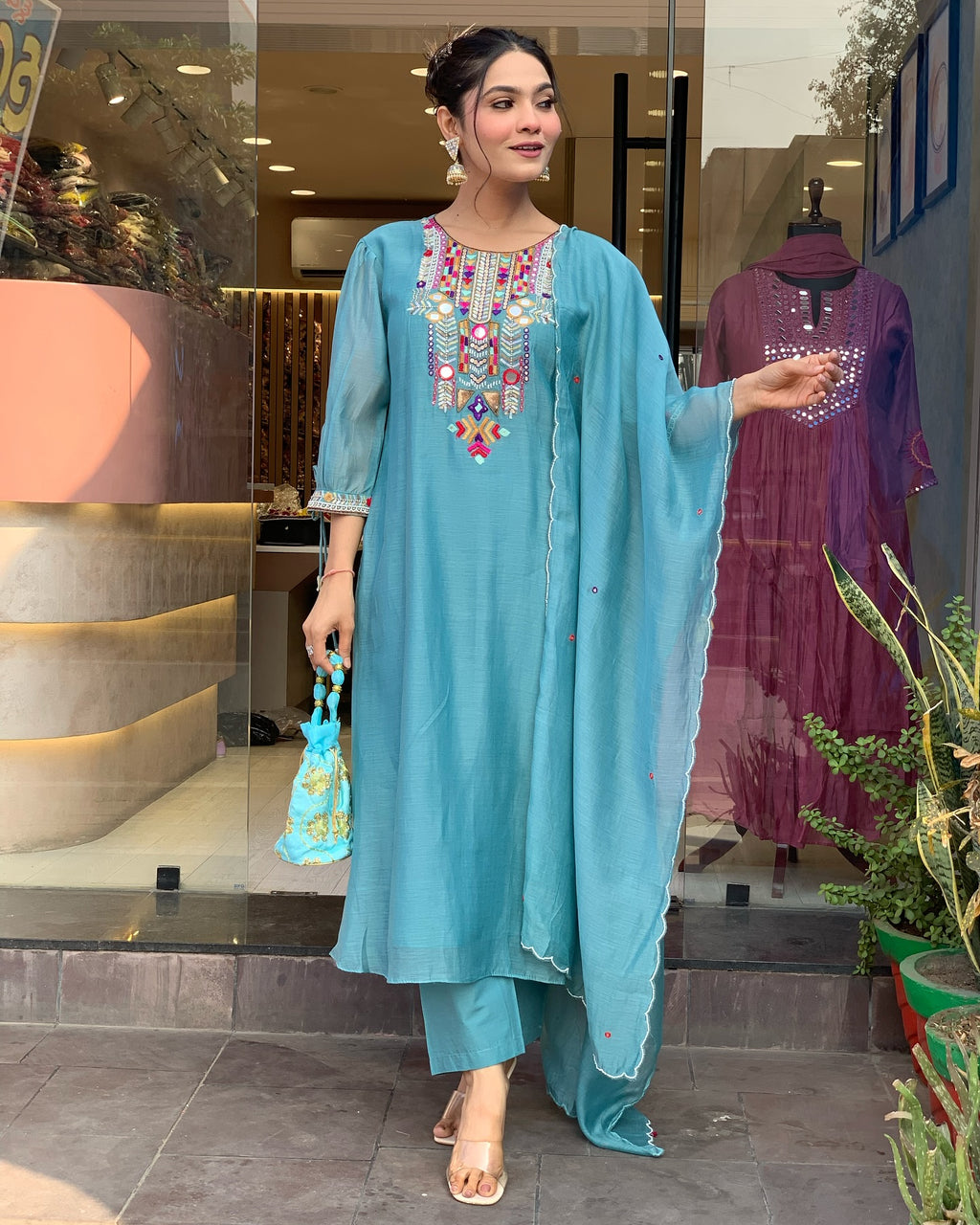 Embroidered Kurta Set - Straight Cut with Mirror Work & Dupatta