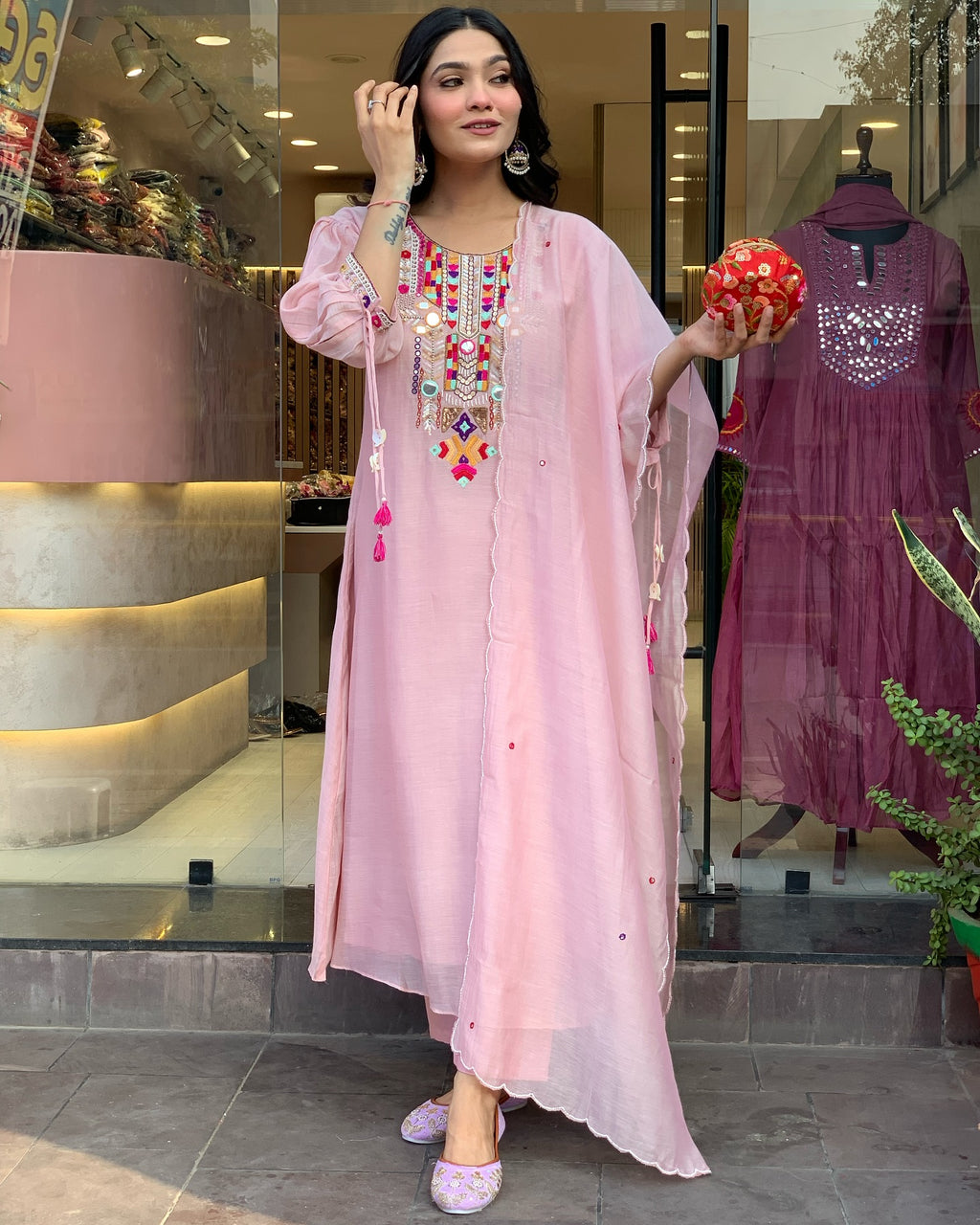 Embroidered Kurta Set - Straight Cut with Mirror Work & Dupatta