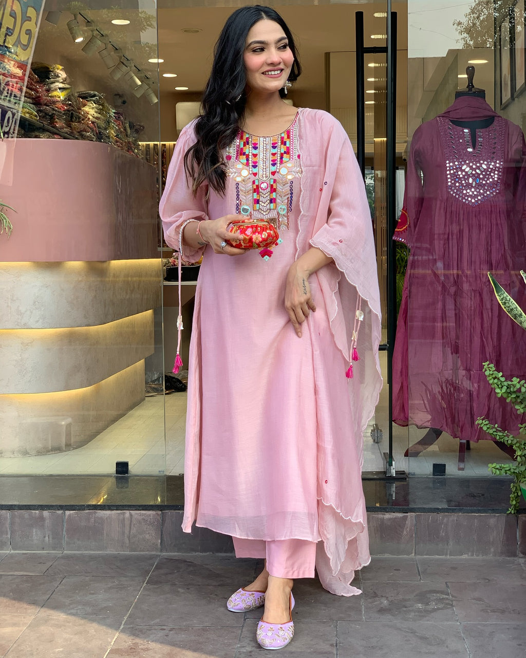 Embroidered Kurta Set - Straight Cut with Mirror Work & Dupatta