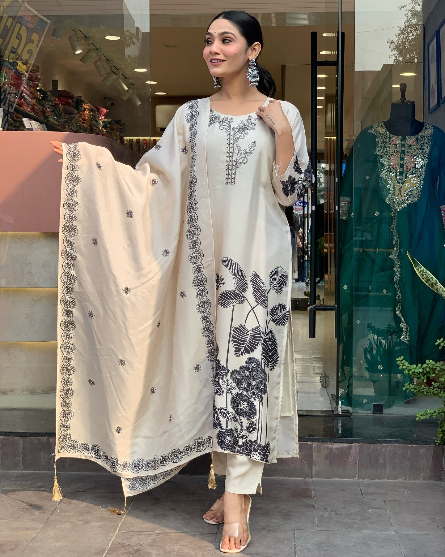 Elegant Off-White Floral Printed Silk Kurta Set with Embroidered Dupatta