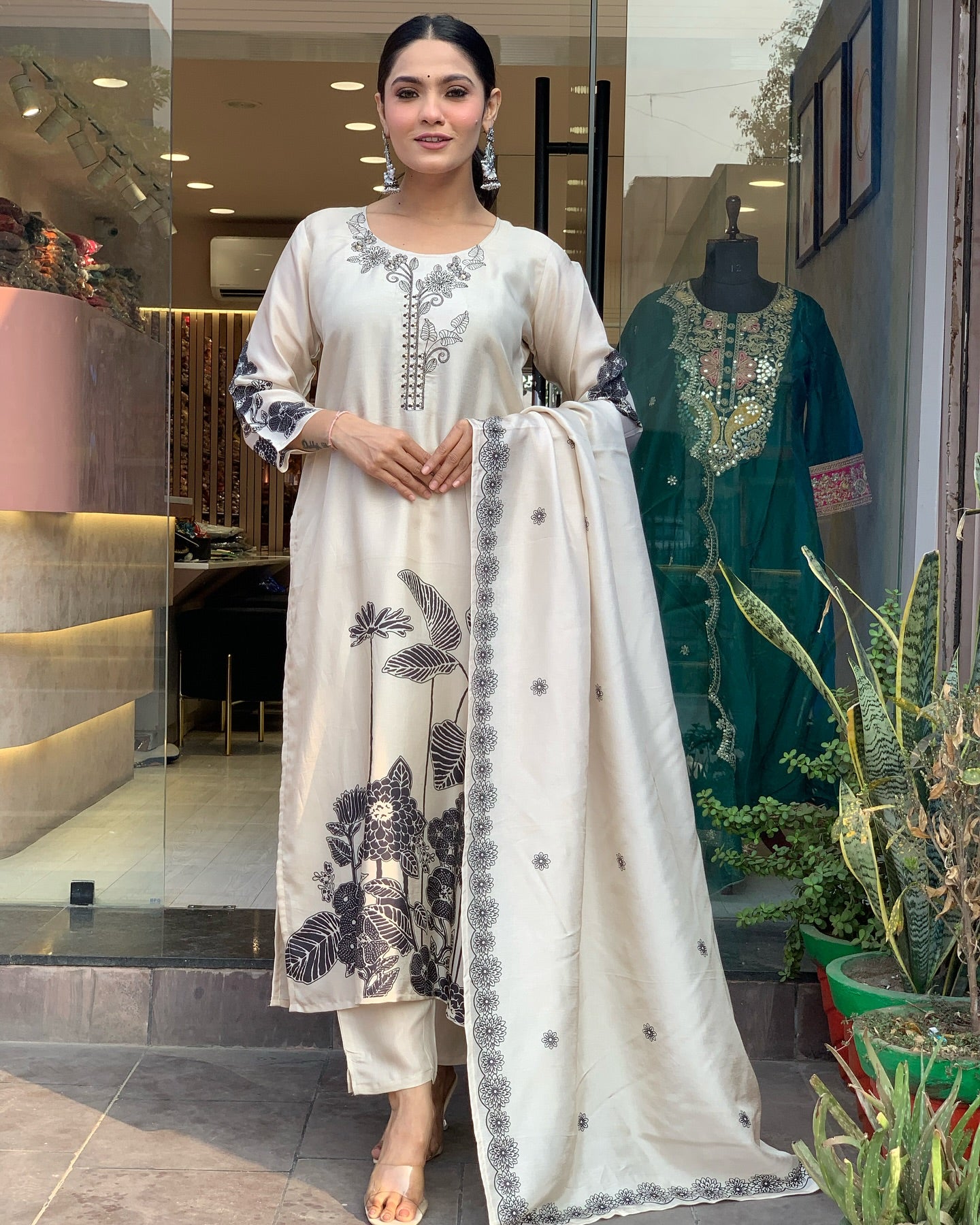 Elegant Off-White Floral Printed Silk Kurta Set with Embroidered Dupatta