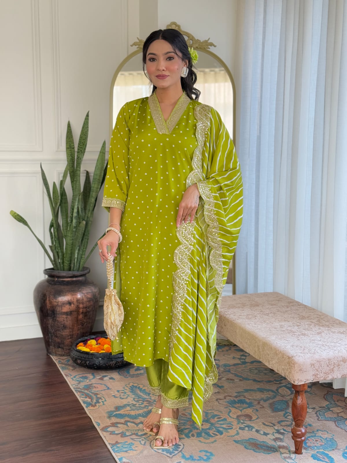 Traditional Viscose Suit Set with Embroidered Muslin Dupatta