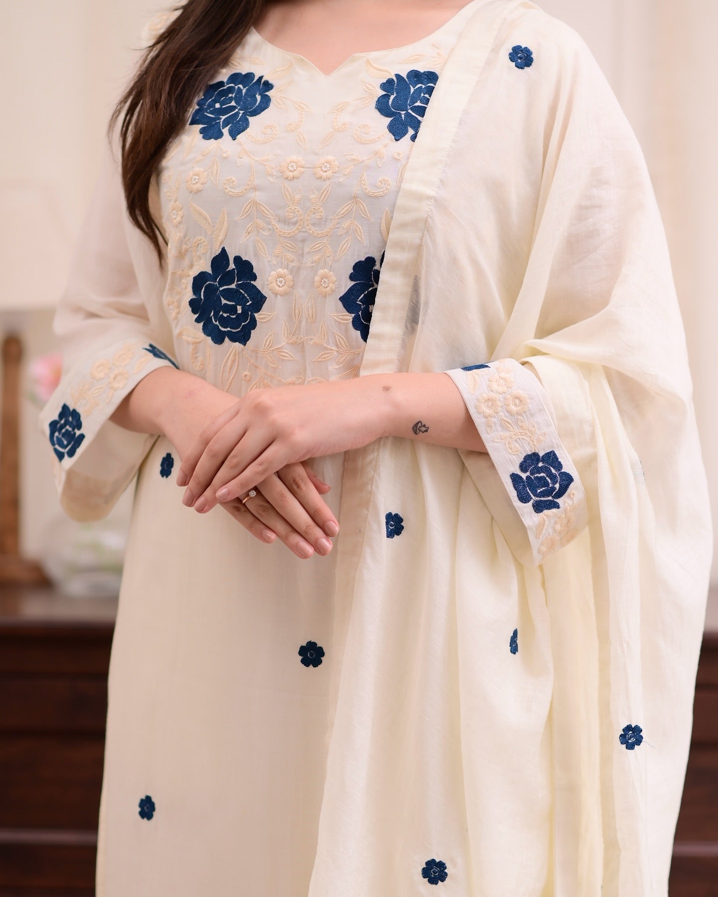 Off White Kurta Set with Blue Floral Embroidery - Straight Cut Suit with Dupatta