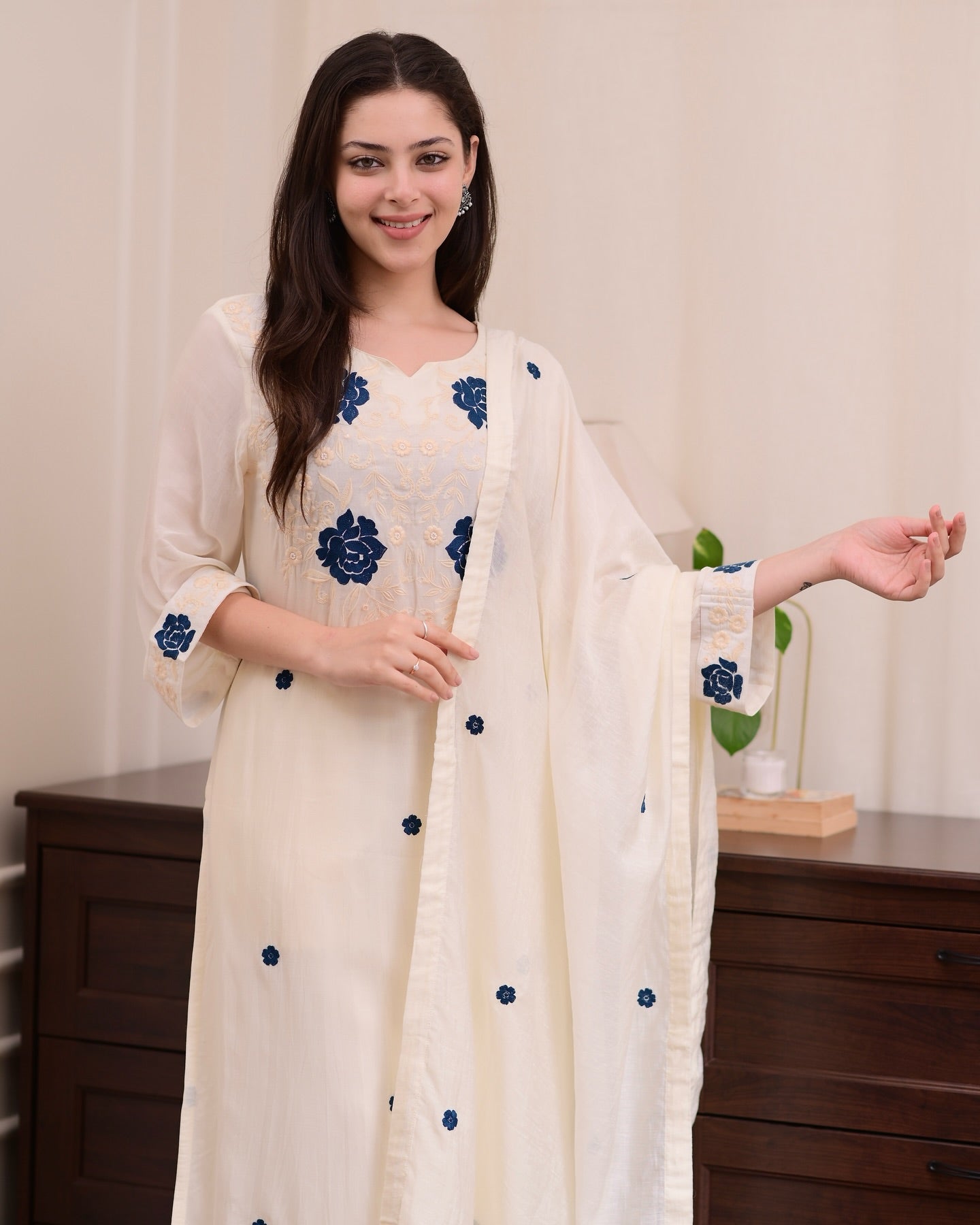 Off White Kurta Set with Blue Floral Embroidery - Straight Cut Suit with Dupatta