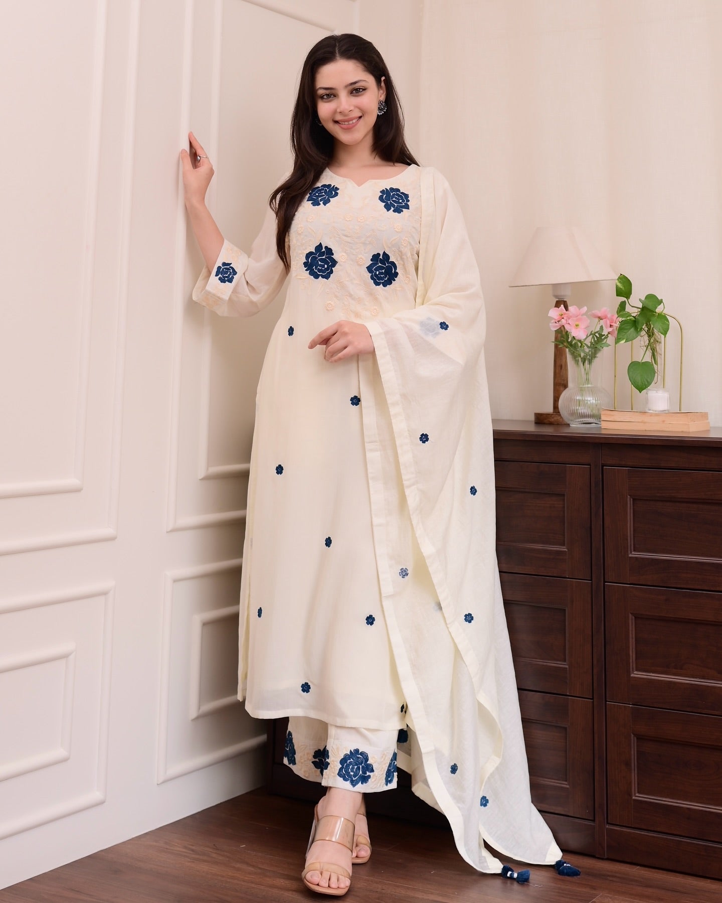 Off White Kurta Set with Blue Floral Embroidery - Straight Cut Suit with Dupatta
