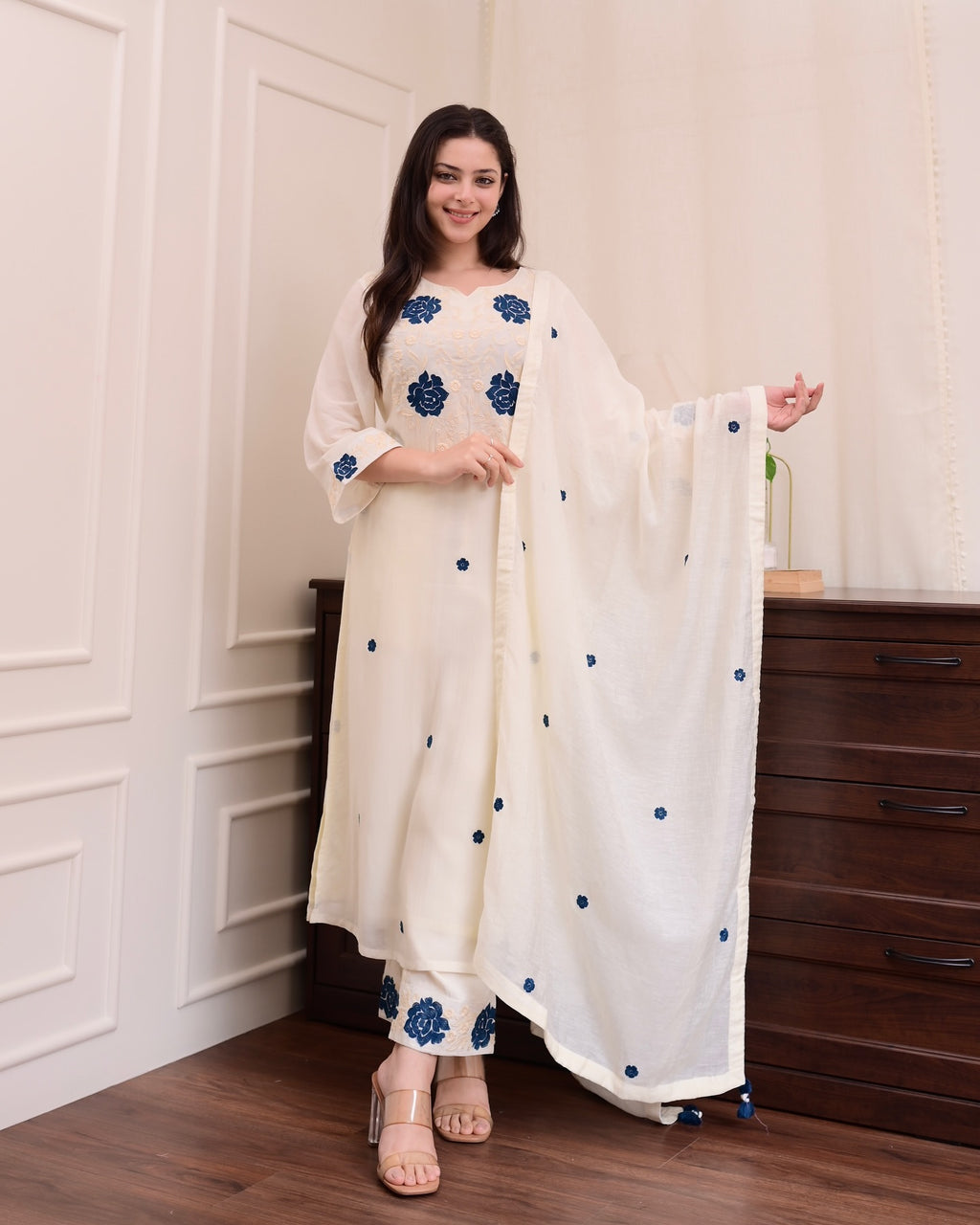 Off White Kurta Set with Blue Floral Embroidery - Straight Cut Suit with Dupatta