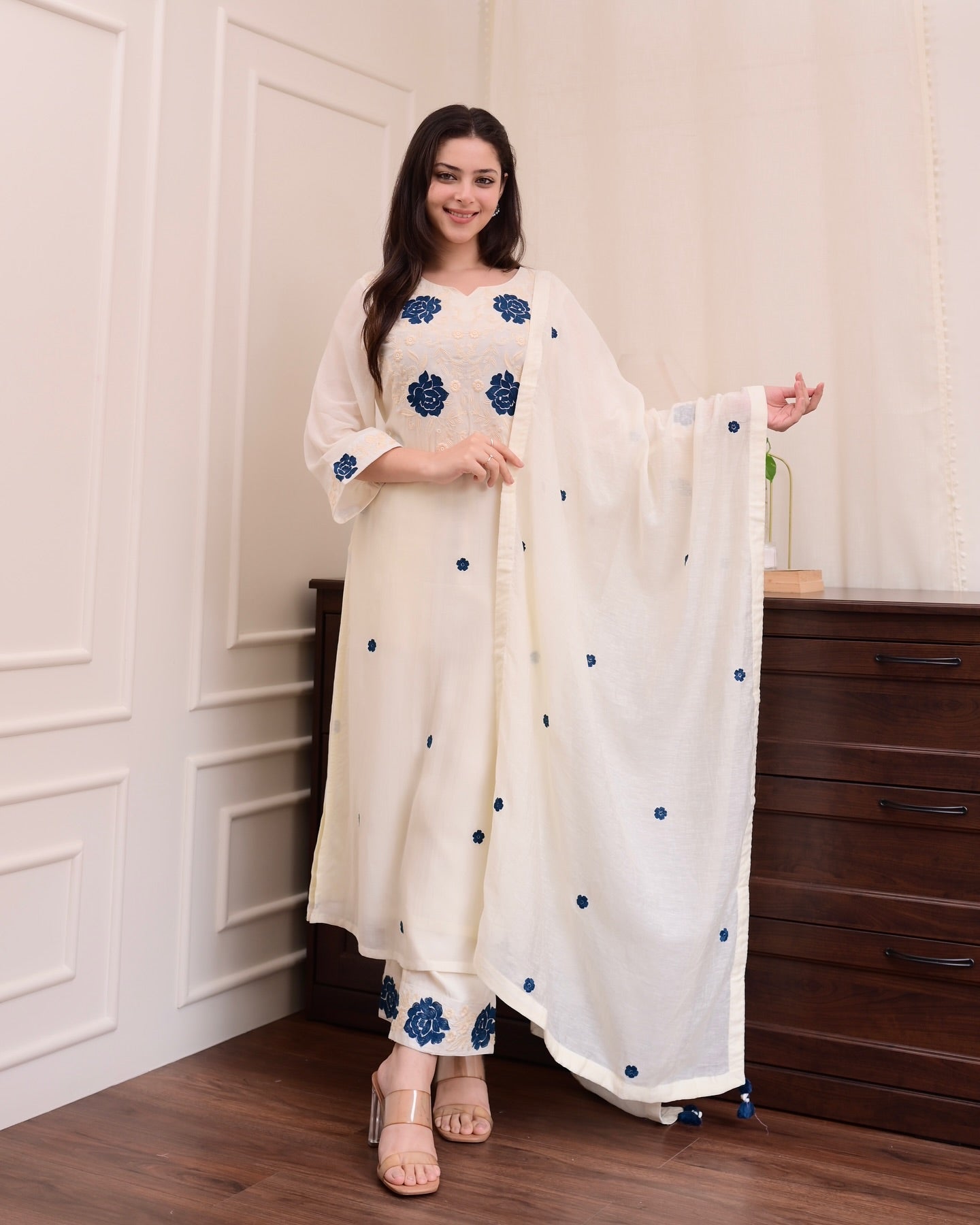 Off White Kurta Set with Blue Floral Embroidery - Straight Cut Suit with Dupatta