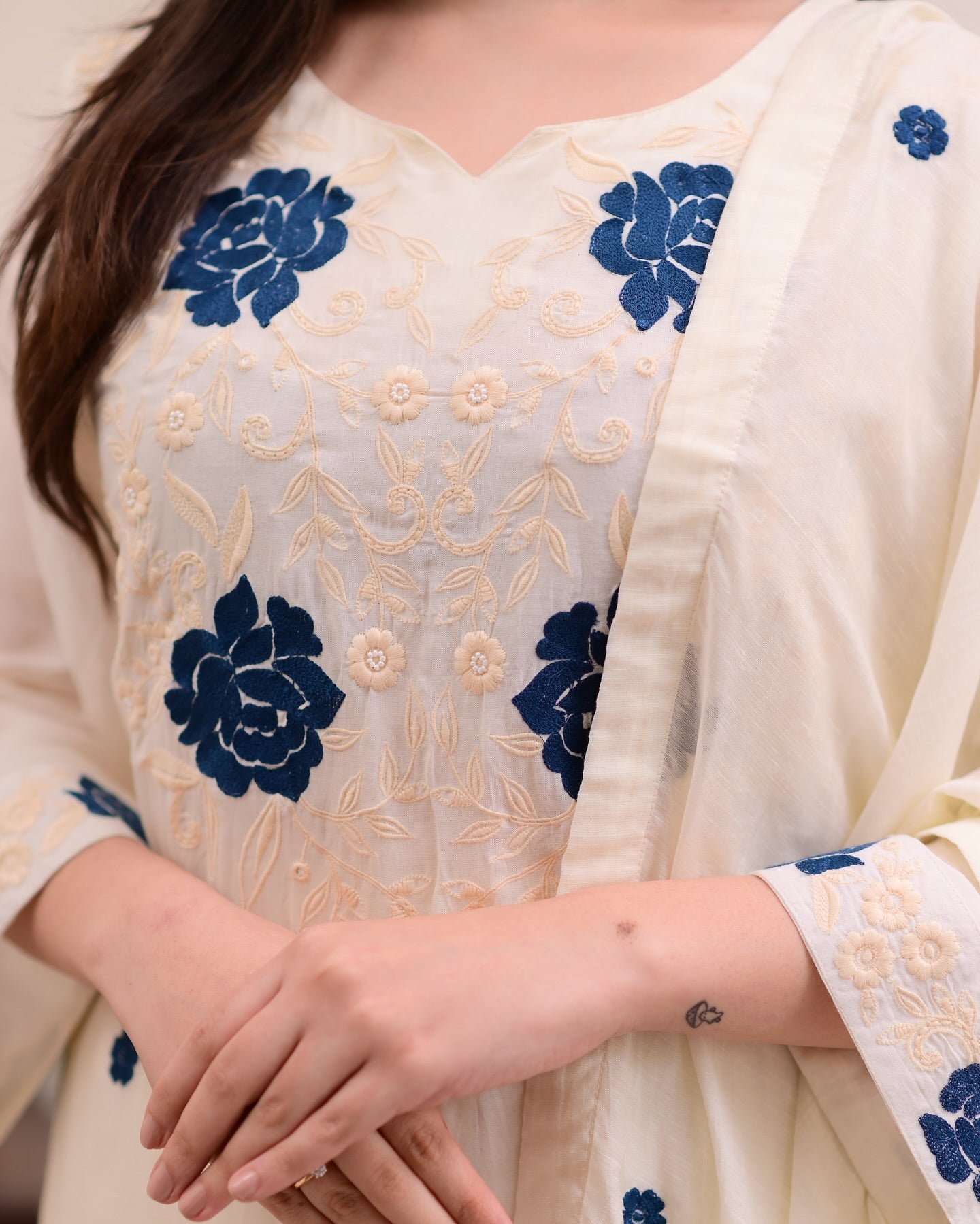 Off White Kurta Set with Blue Floral Embroidery - Straight Cut Suit with Dupatta