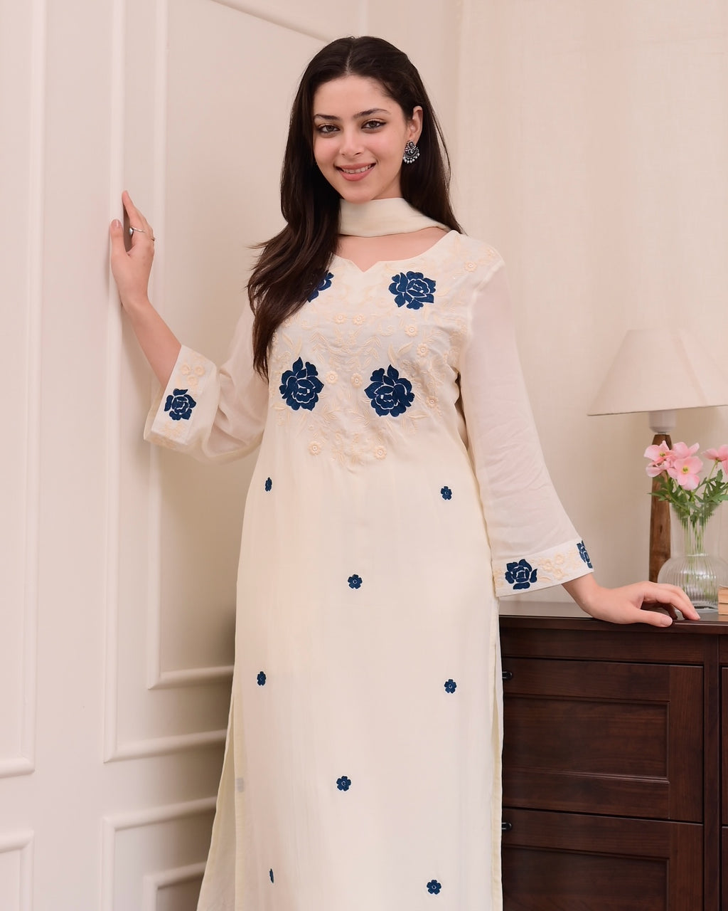 Off White Kurta Set with Blue Floral Embroidery - Straight Cut Suit with Dupatta