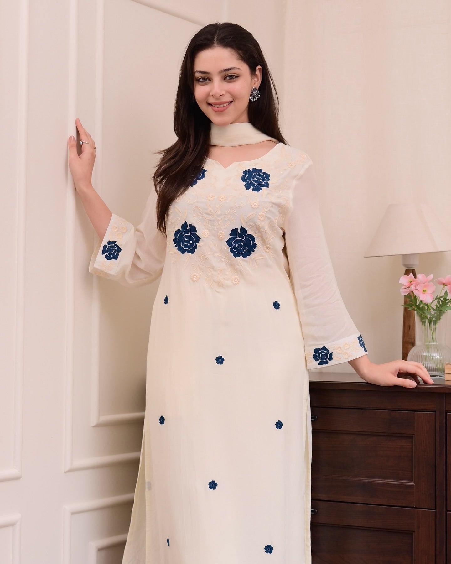 Off White Kurta Set with Blue Floral Embroidery - Straight Cut Suit with Dupatta