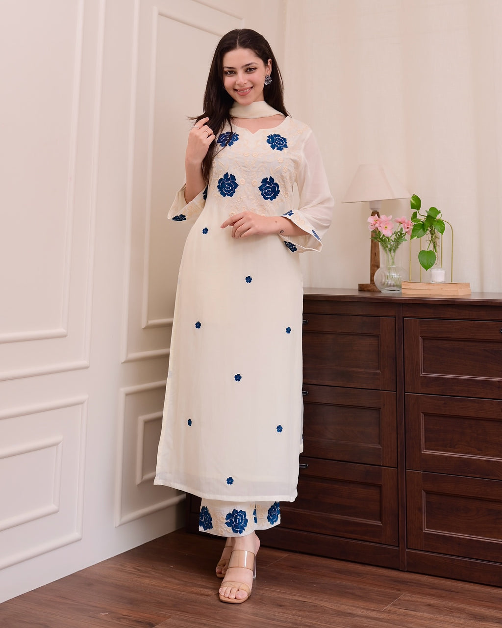 Off White Kurta Set with Blue Floral Embroidery - Straight Cut Suit with Dupatta