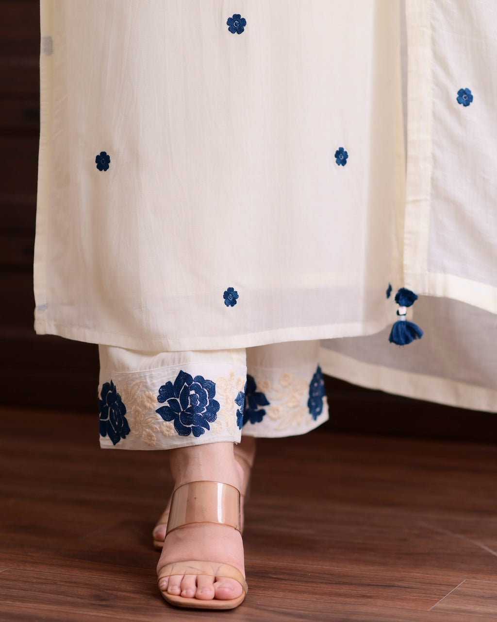 Off White Kurta Set with Blue Floral Embroidery - Straight Cut Suit with Dupatta