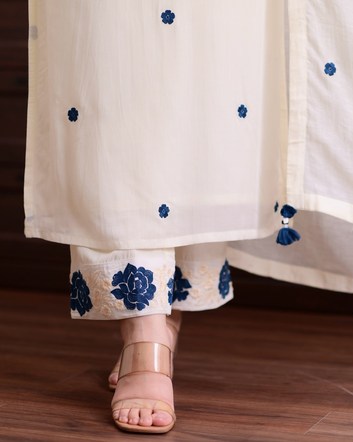Off White Kurta Set with Blue Floral Embroidery - Straight Cut Suit with Dupatta