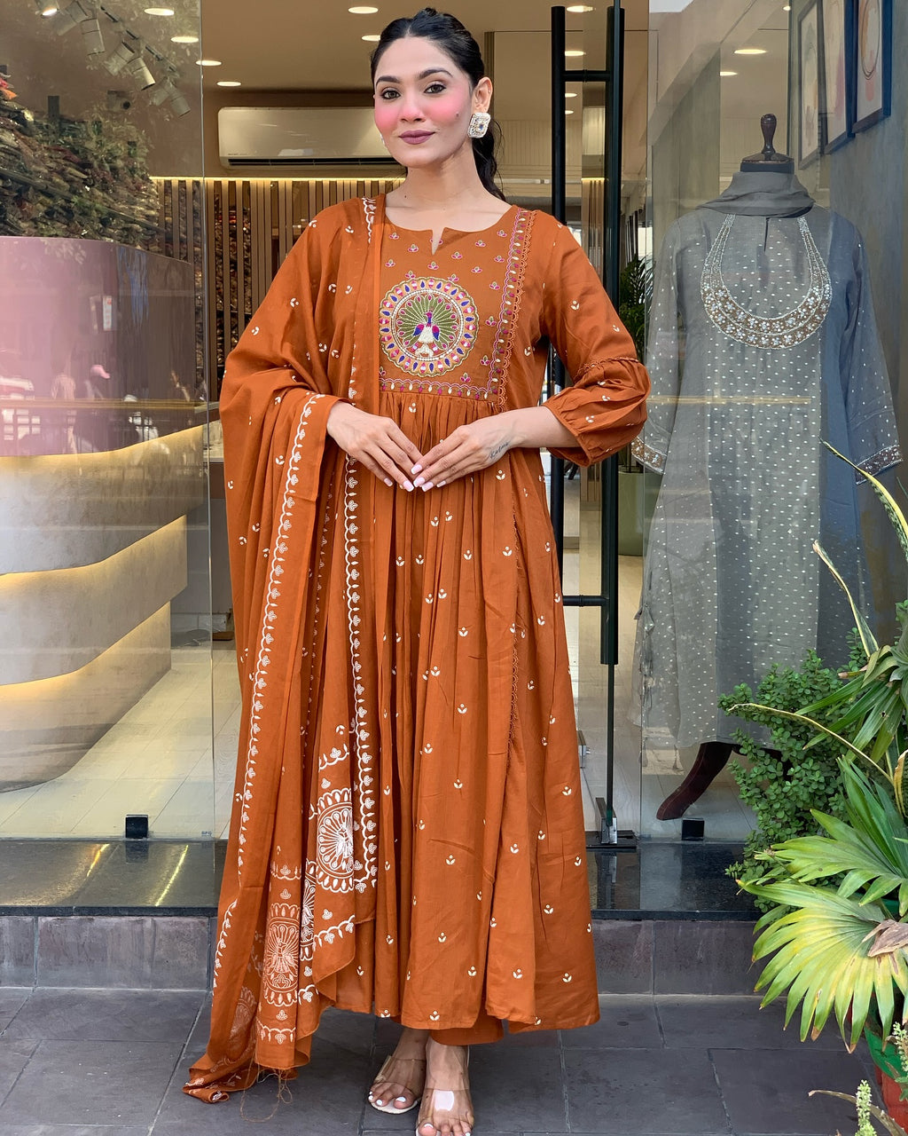 Rust Orange Cotton Salwar Suit with Gota Patti Work - Embroidered Kurta Dupatta Set