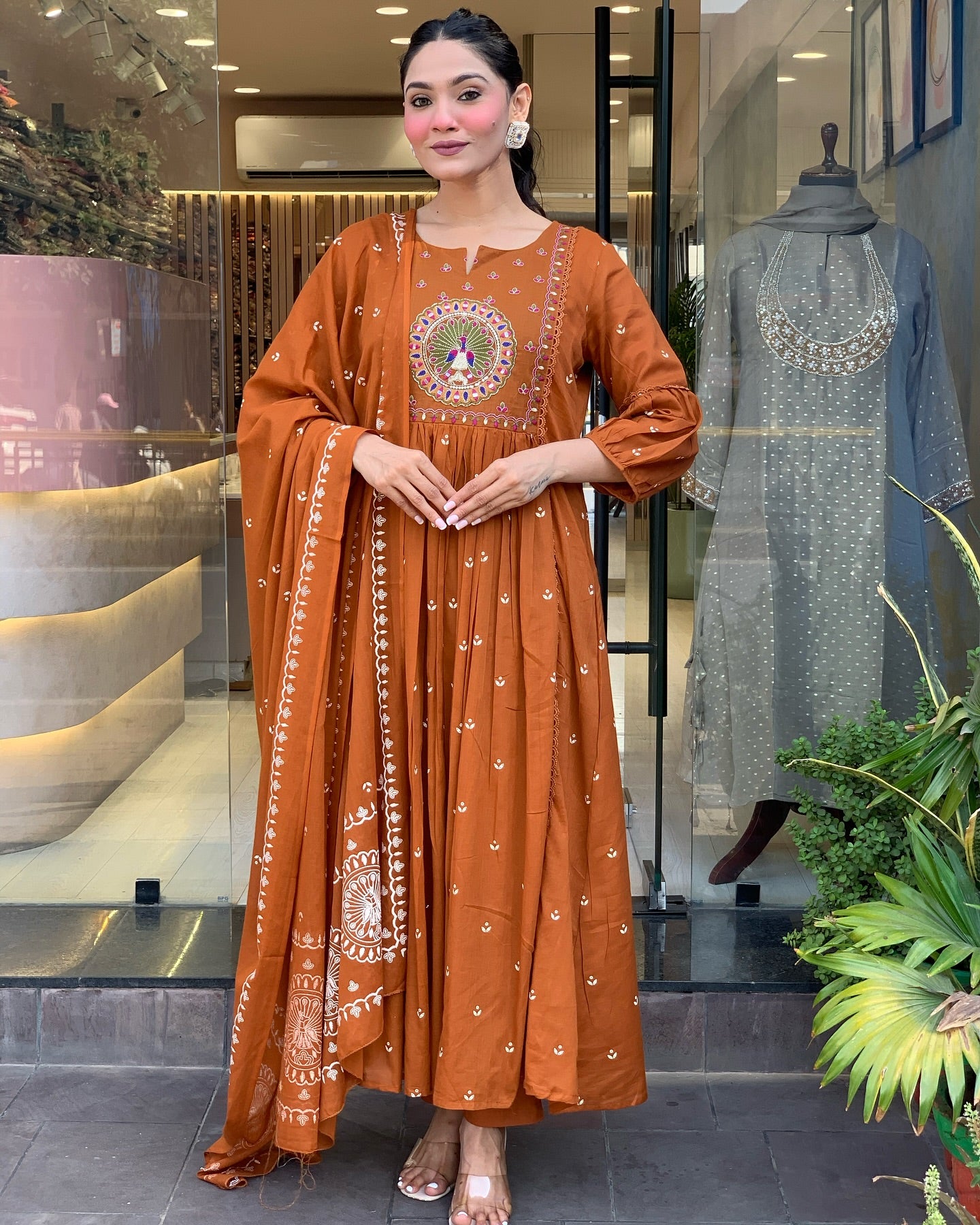 Rust Orange Cotton Salwar Suit with Gota Patti Work - Embroidered Kurta Dupatta Set