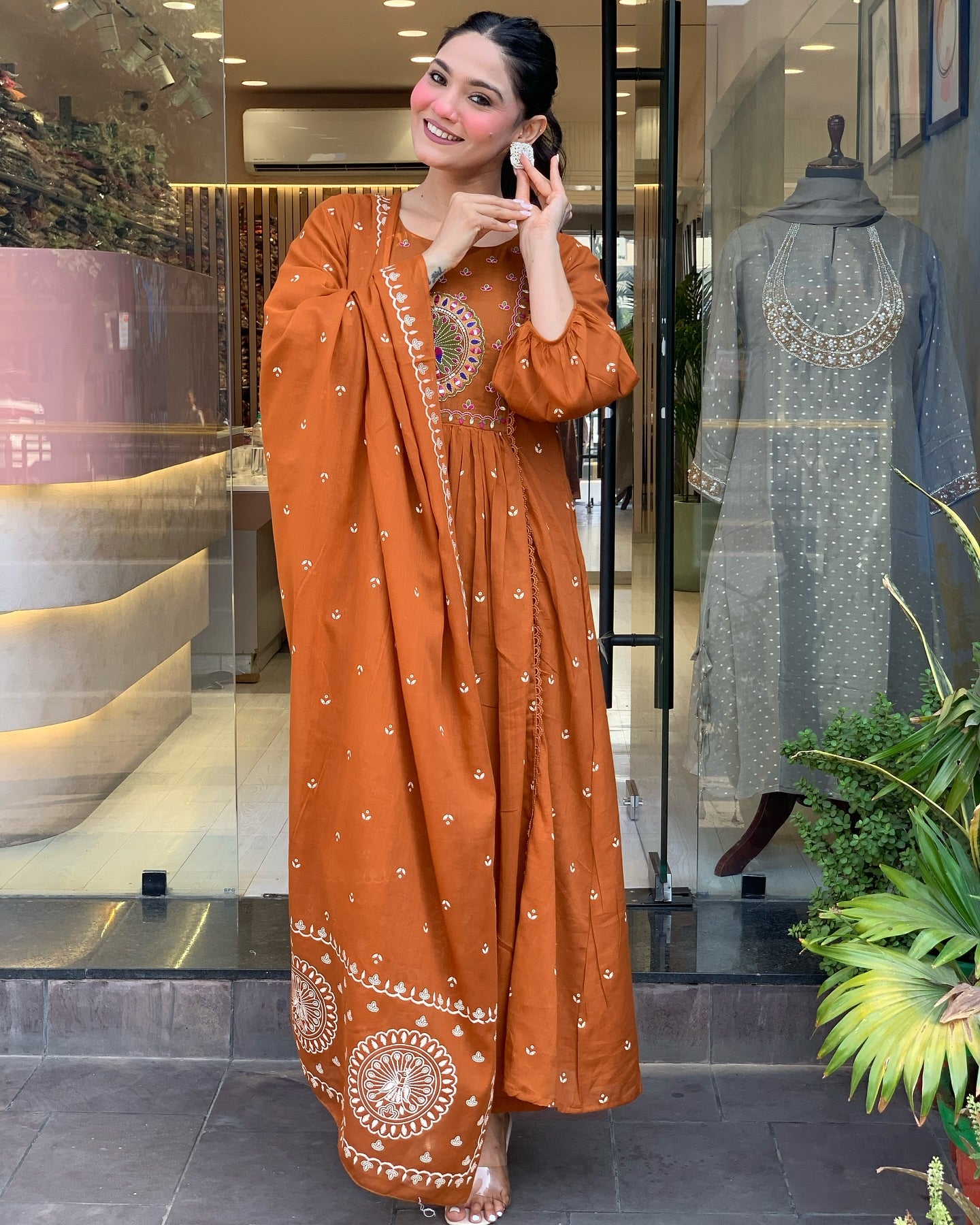 Rust Orange Cotton Salwar Suit with Gota Patti Work - Embroidered Kurta Dupatta Set