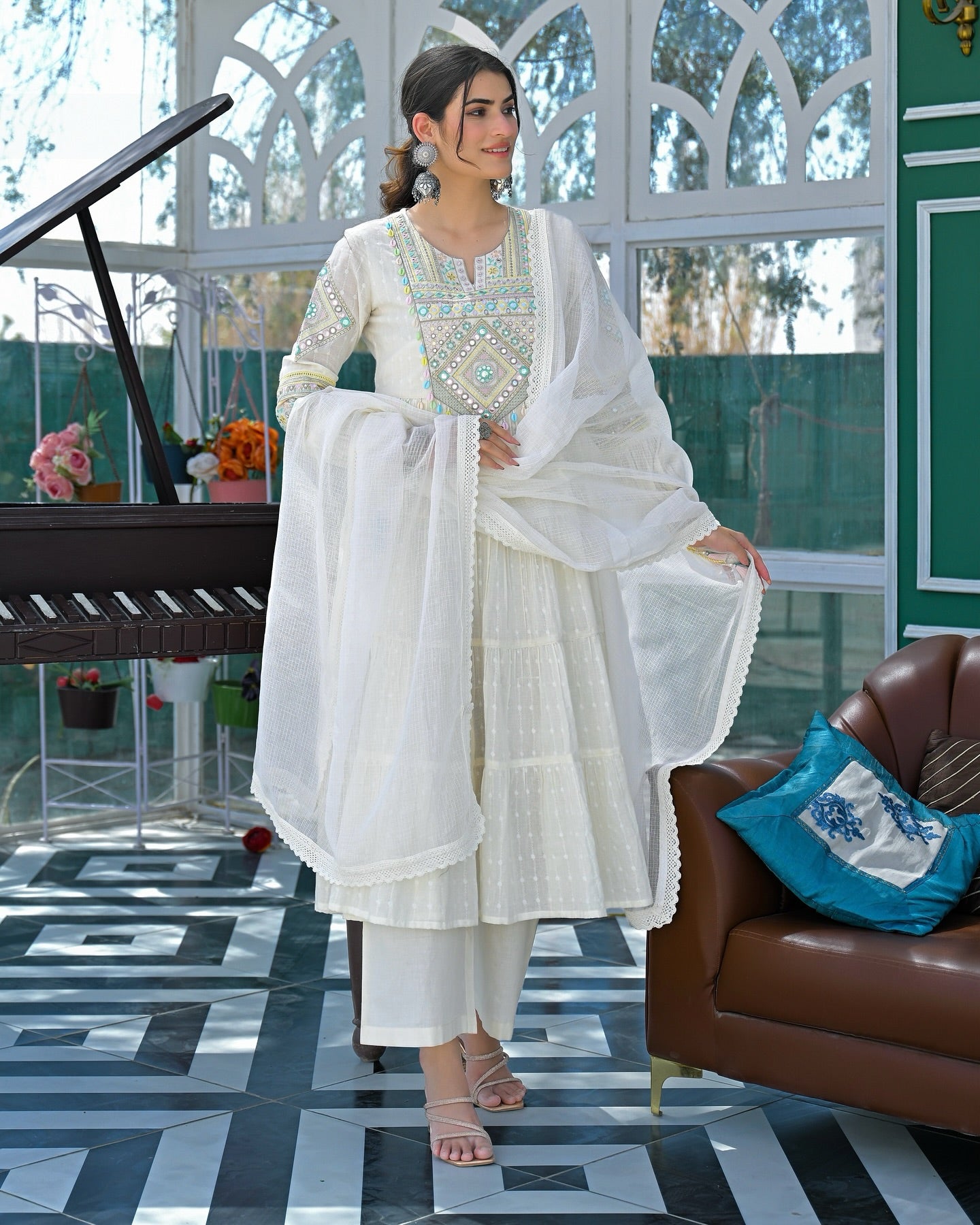 Elegant White Cotton Embroidered Mirror Work Suit Set