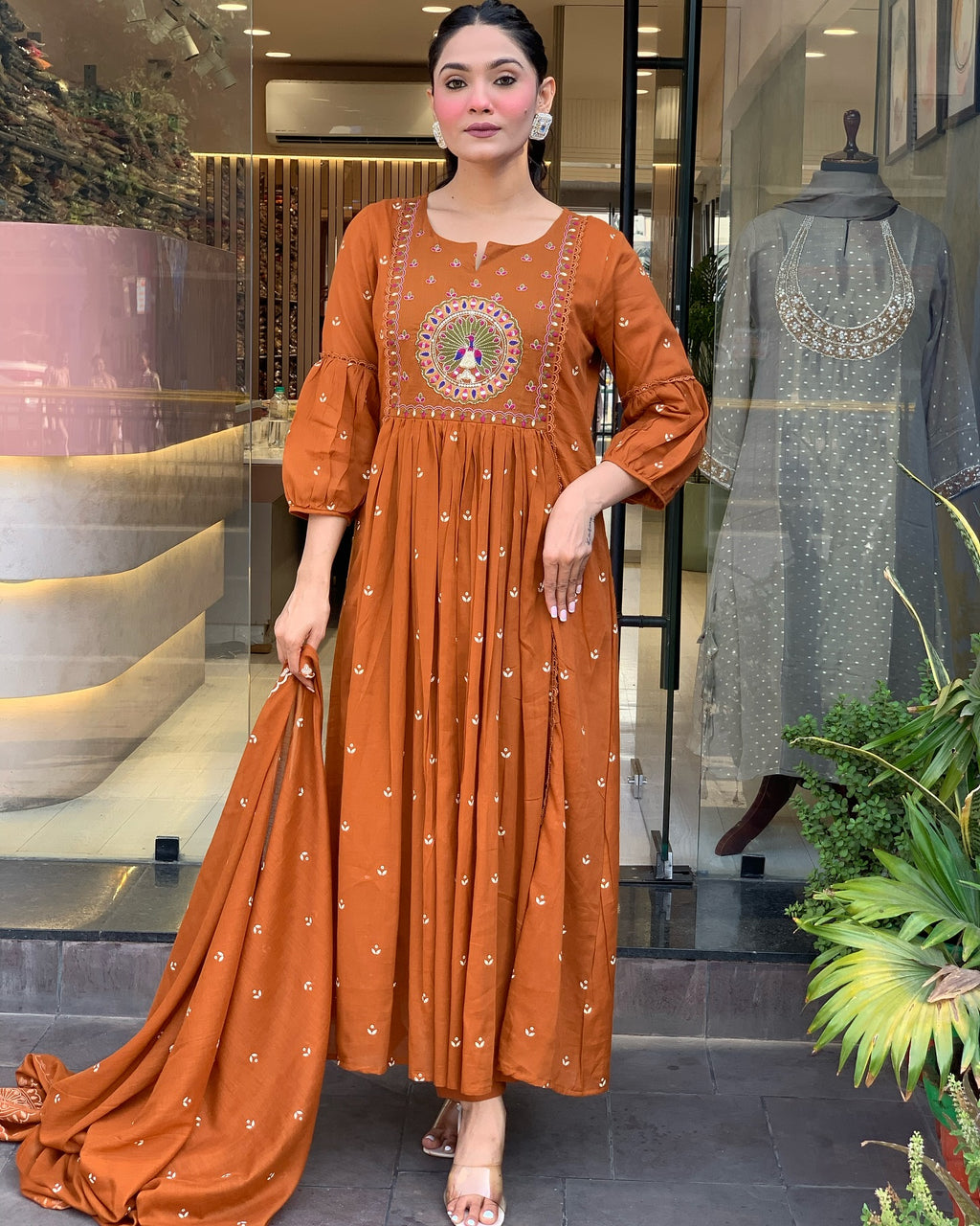 Rust Orange Cotton Salwar Suit with Gota Patti Work - Embroidered Kurta Dupatta Set