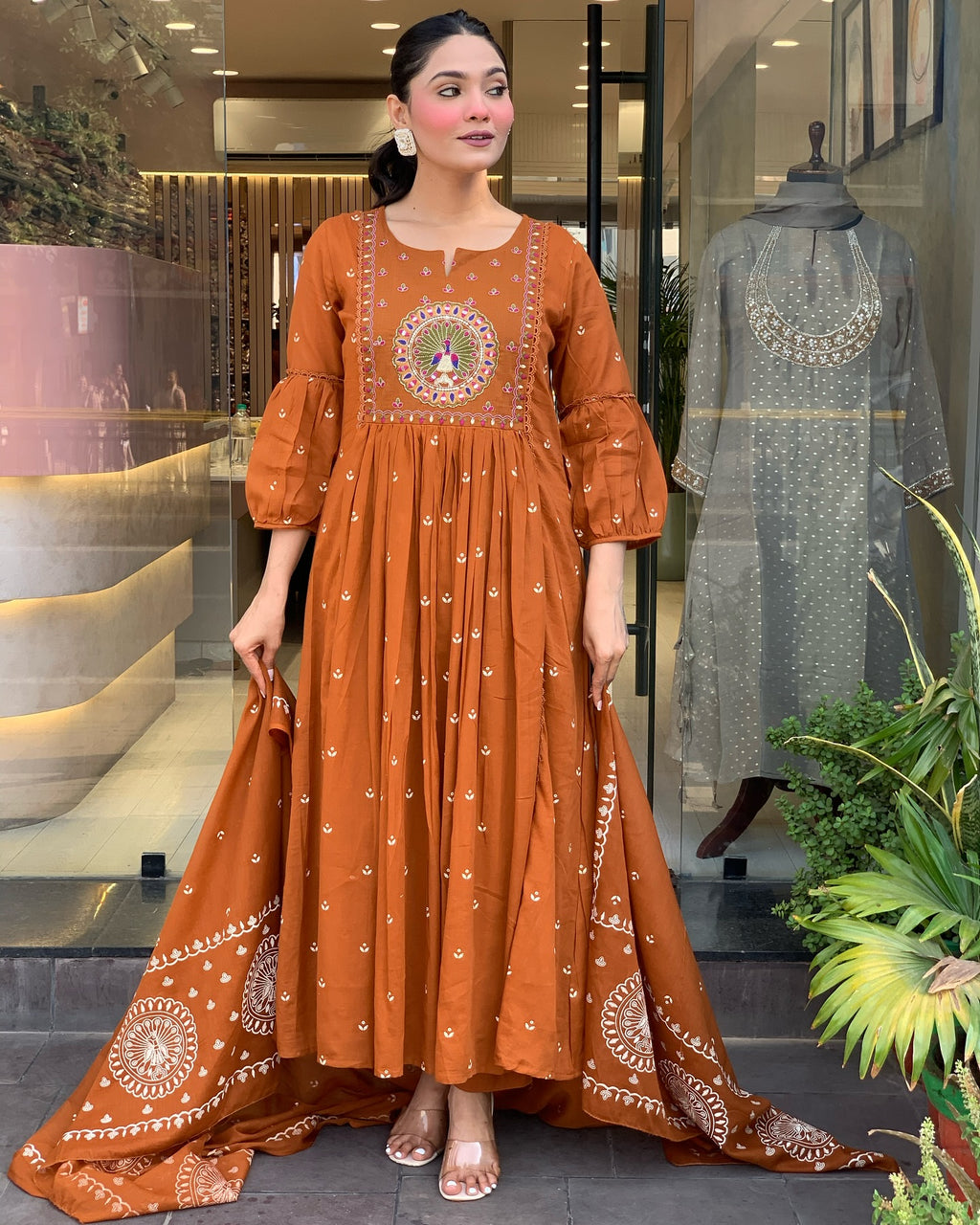 Rust Orange Cotton Salwar Suit with Gota Patti Work - Embroidered Kurta Dupatta Set