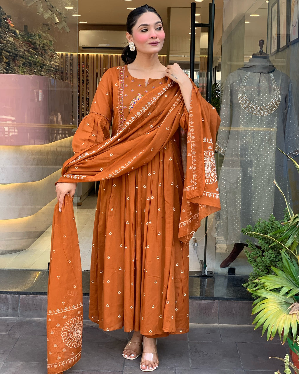 Rust Orange Cotton Salwar Suit with Gota Patti Work - Embroidered Kurta Dupatta Set