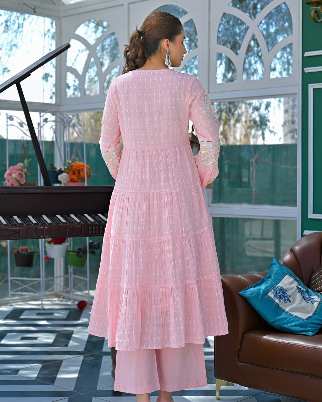 Elegant White Cotton Embroidered Mirror Work Suit Set