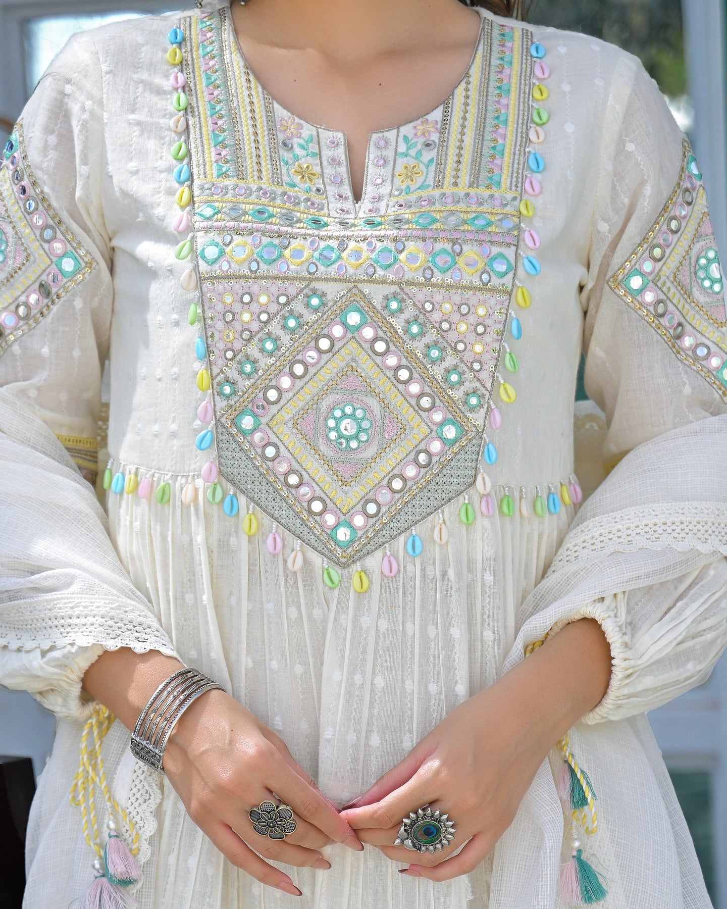 Elegant White Cotton Embroidered Mirror Work Suit Set