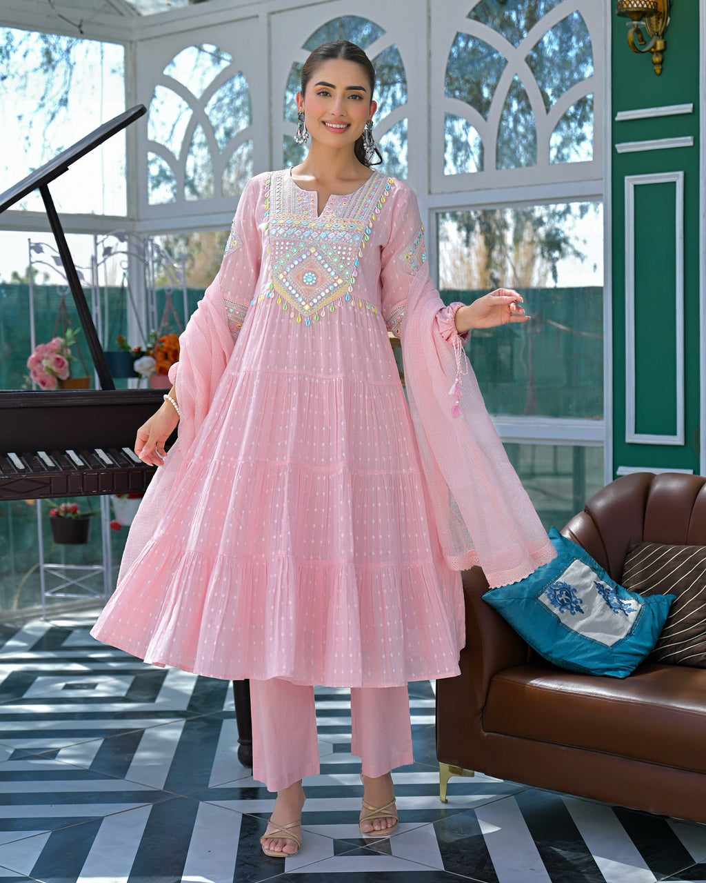 Elegant White Cotton Embroidered Mirror Work Suit Set