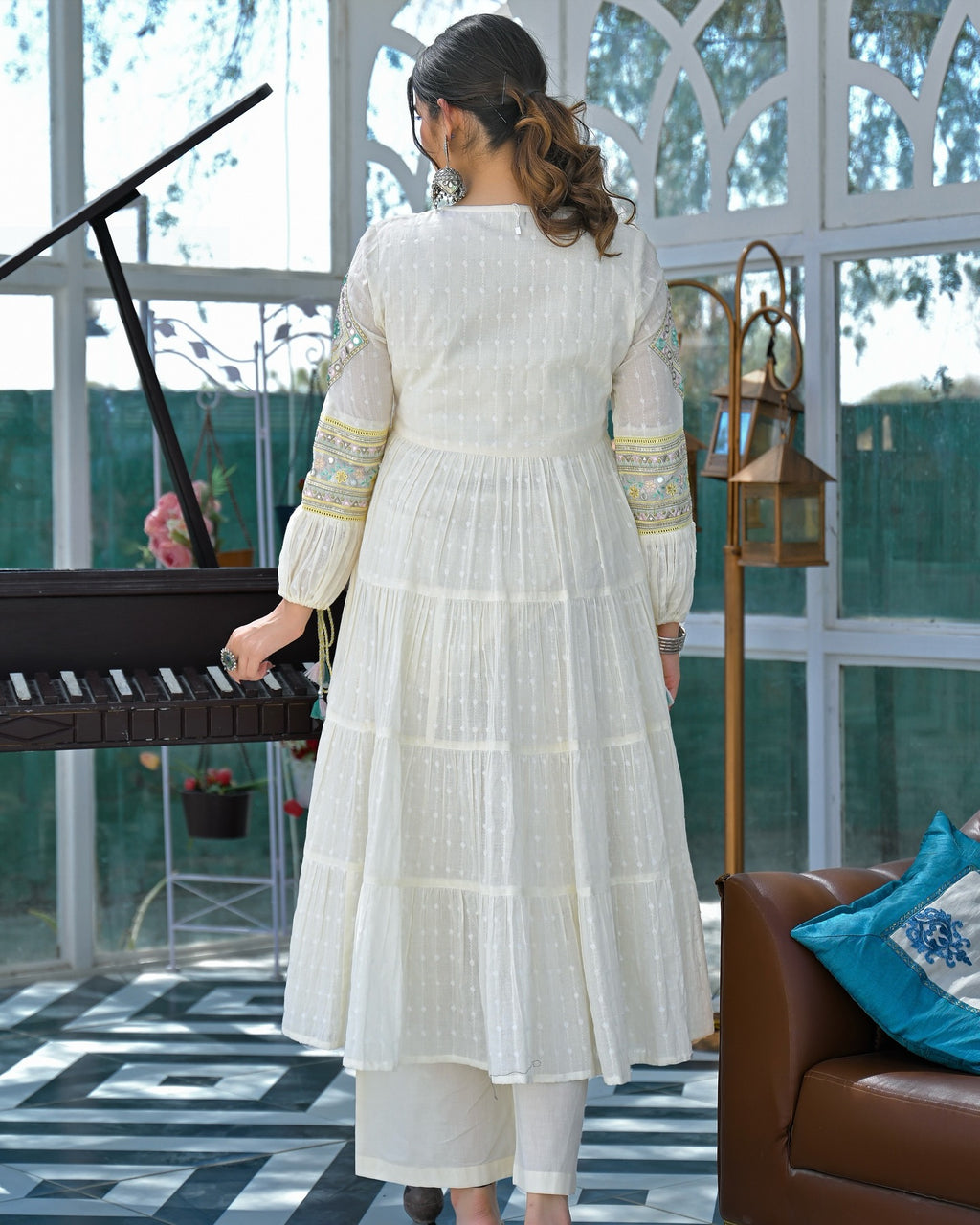 Elegant White Cotton Embroidered Mirror Work Suit Set