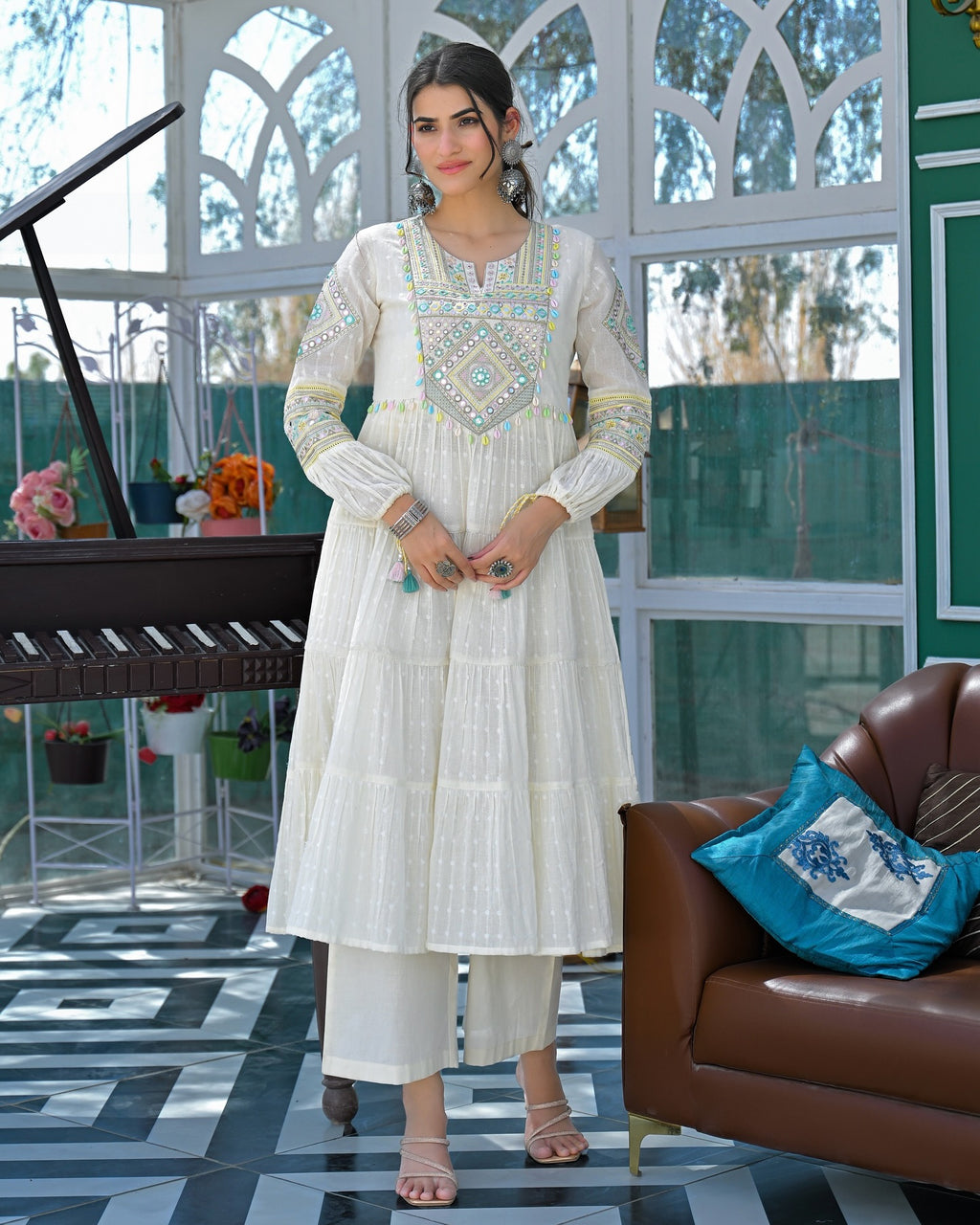 Elegant White Cotton Embroidered Mirror Work Suit Set