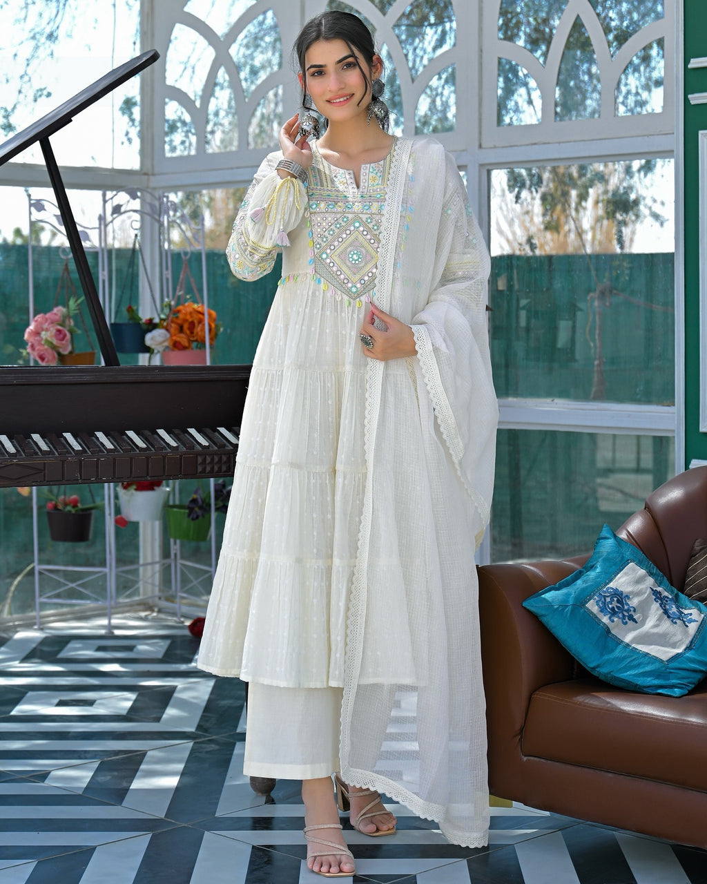 Elegant White Cotton Embroidered Mirror Work Suit Set