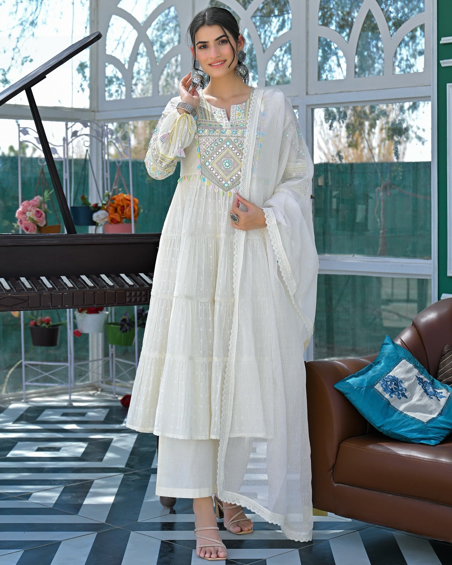 Elegant White Cotton Embroidered Mirror Work Suit Set