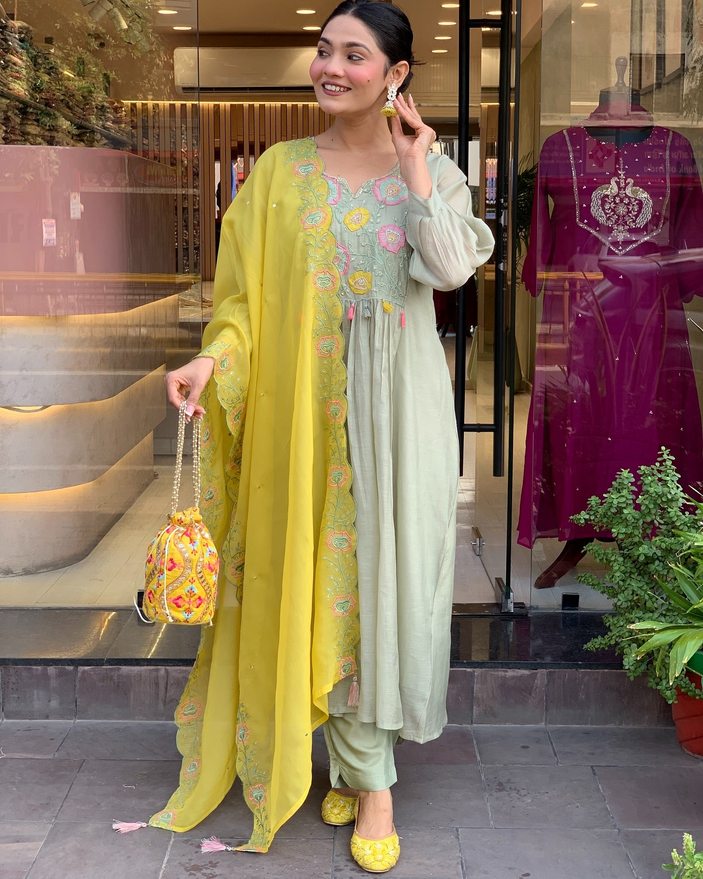Graceful Mint Green Floral Embroidered Silk Kurta Set with Organza Dupatta