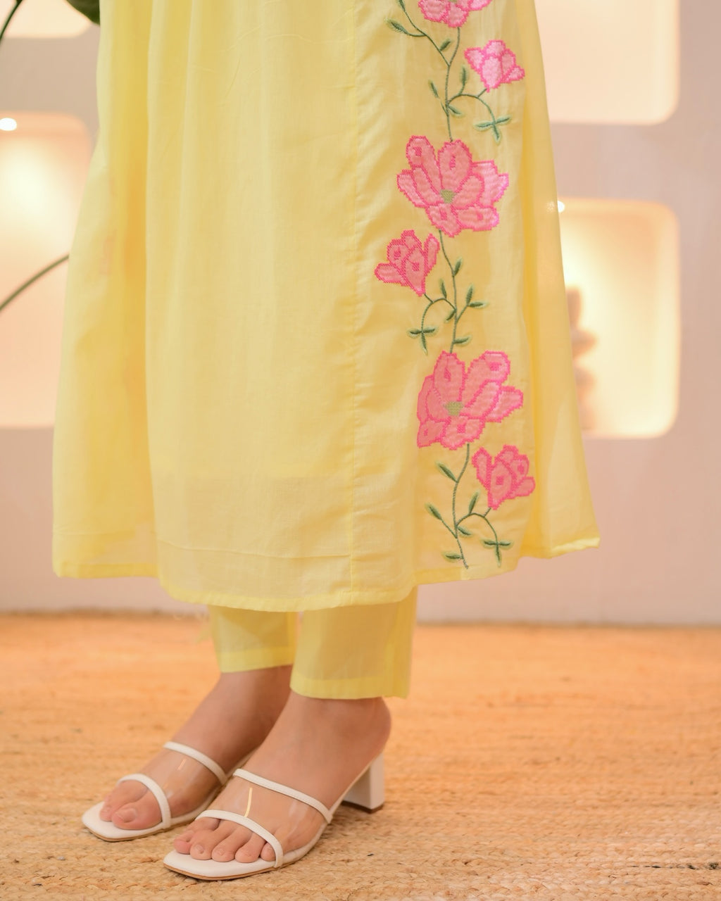 Silk Kurta Set with Floral Embroidery - Gathered Anarkali Style