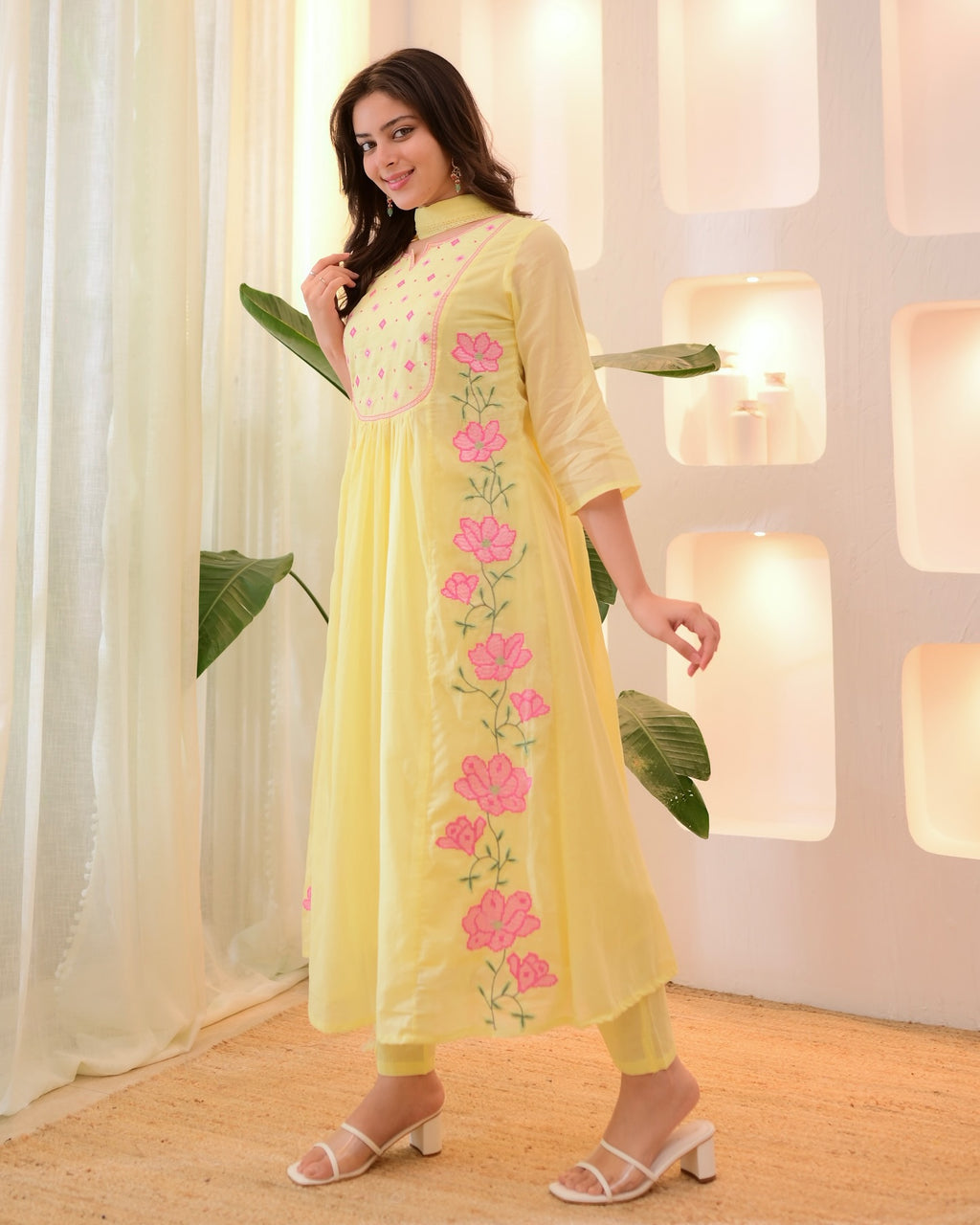 Silk Kurta Set with Floral Embroidery - Gathered Anarkali Style