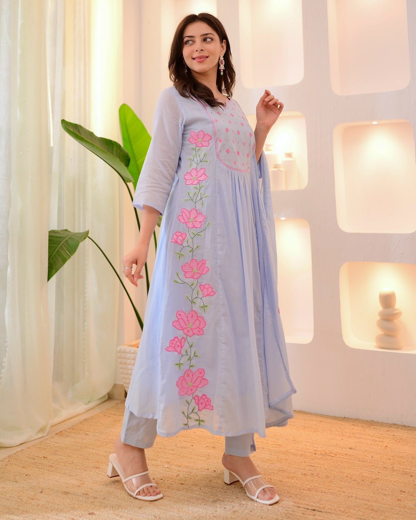 Silk Kurta Set with Floral Embroidery - Gathered Anarkali Style