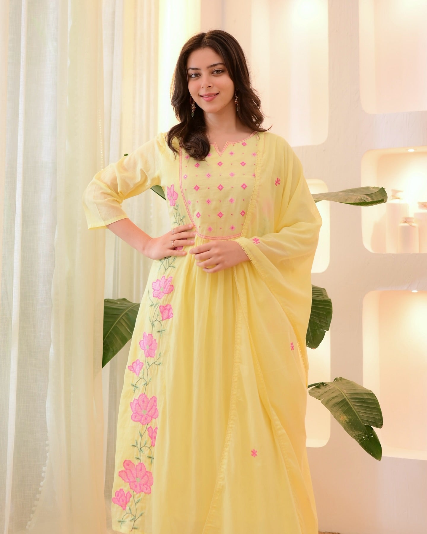 Silk Kurta Set with Floral Embroidery - Gathered Anarkali Style