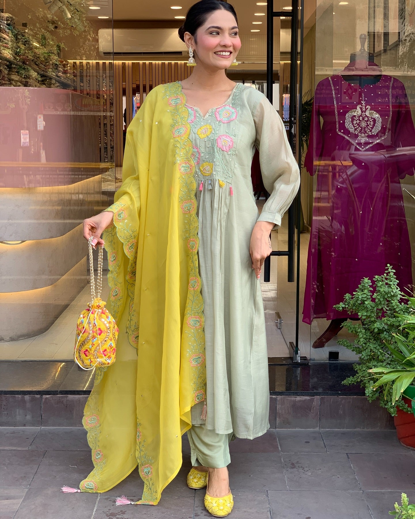 Graceful Mint Green Floral Embroidered Silk Kurta Set with Organza Dupatta