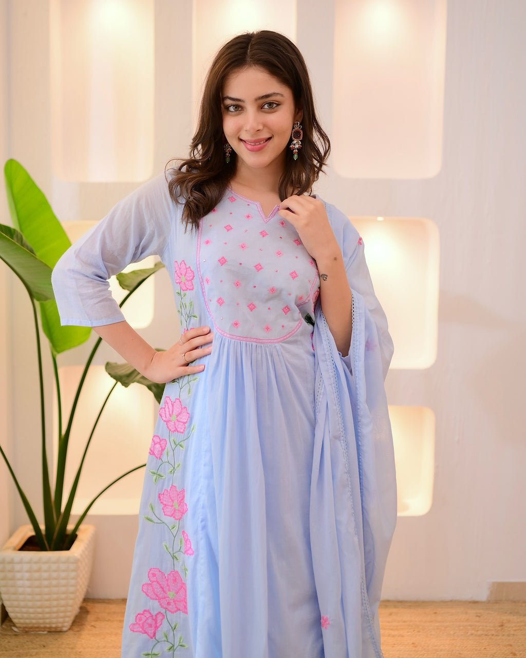 Silk Kurta Set with Floral Embroidery - Gathered Anarkali Style