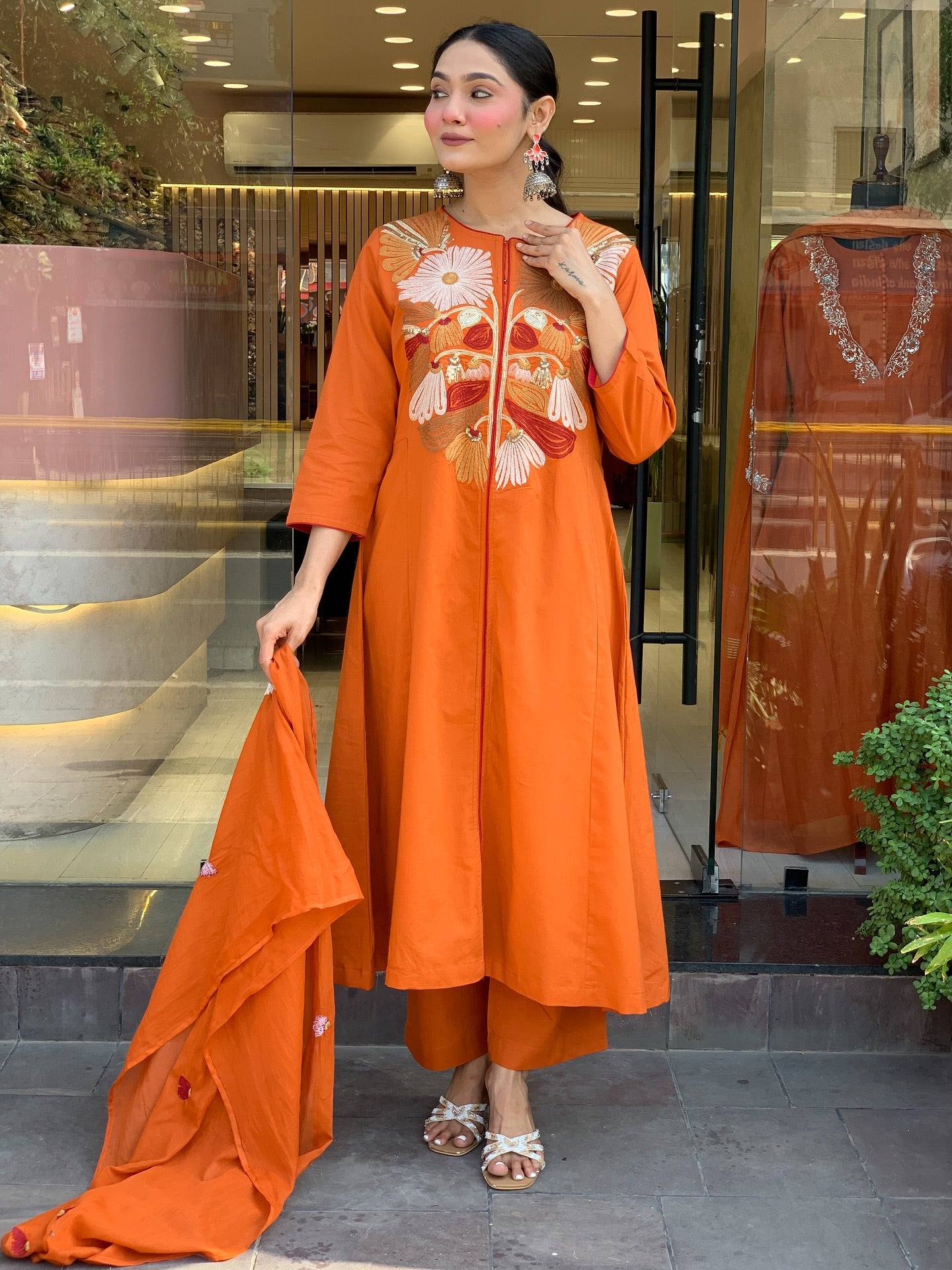 Vibrant Orange Crane Embroidered Kurta Set with Flared Silhouette