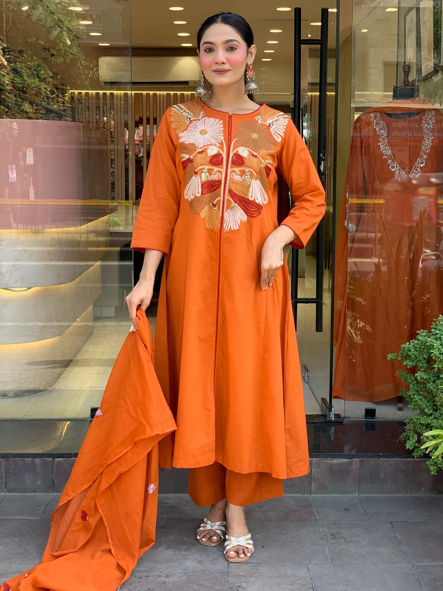 Vibrant Orange Crane Embroidered Kurta Set with Flared Silhouette
