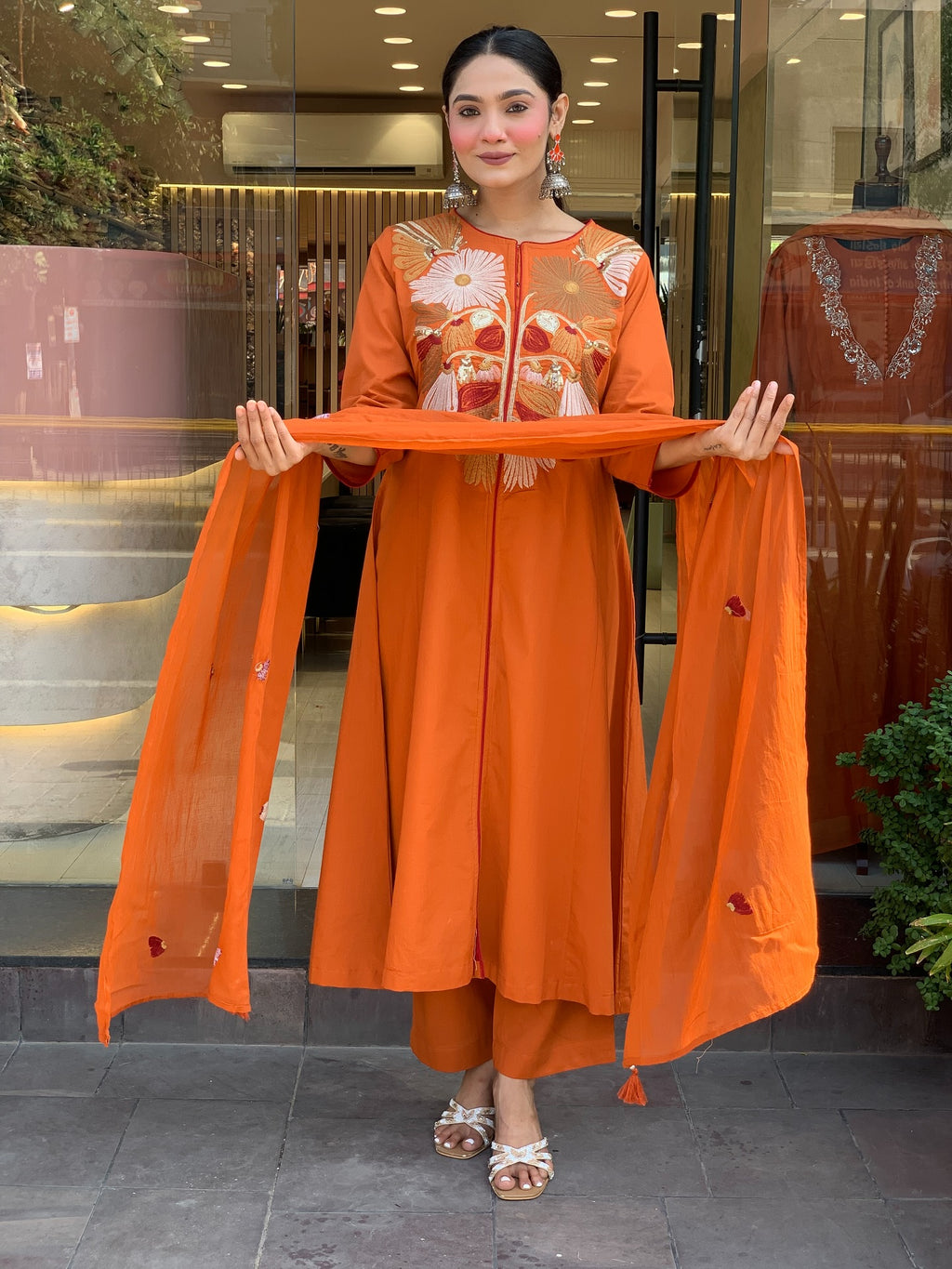 Vibrant Orange Crane Embroidered Kurta Set with Flared Silhouette
