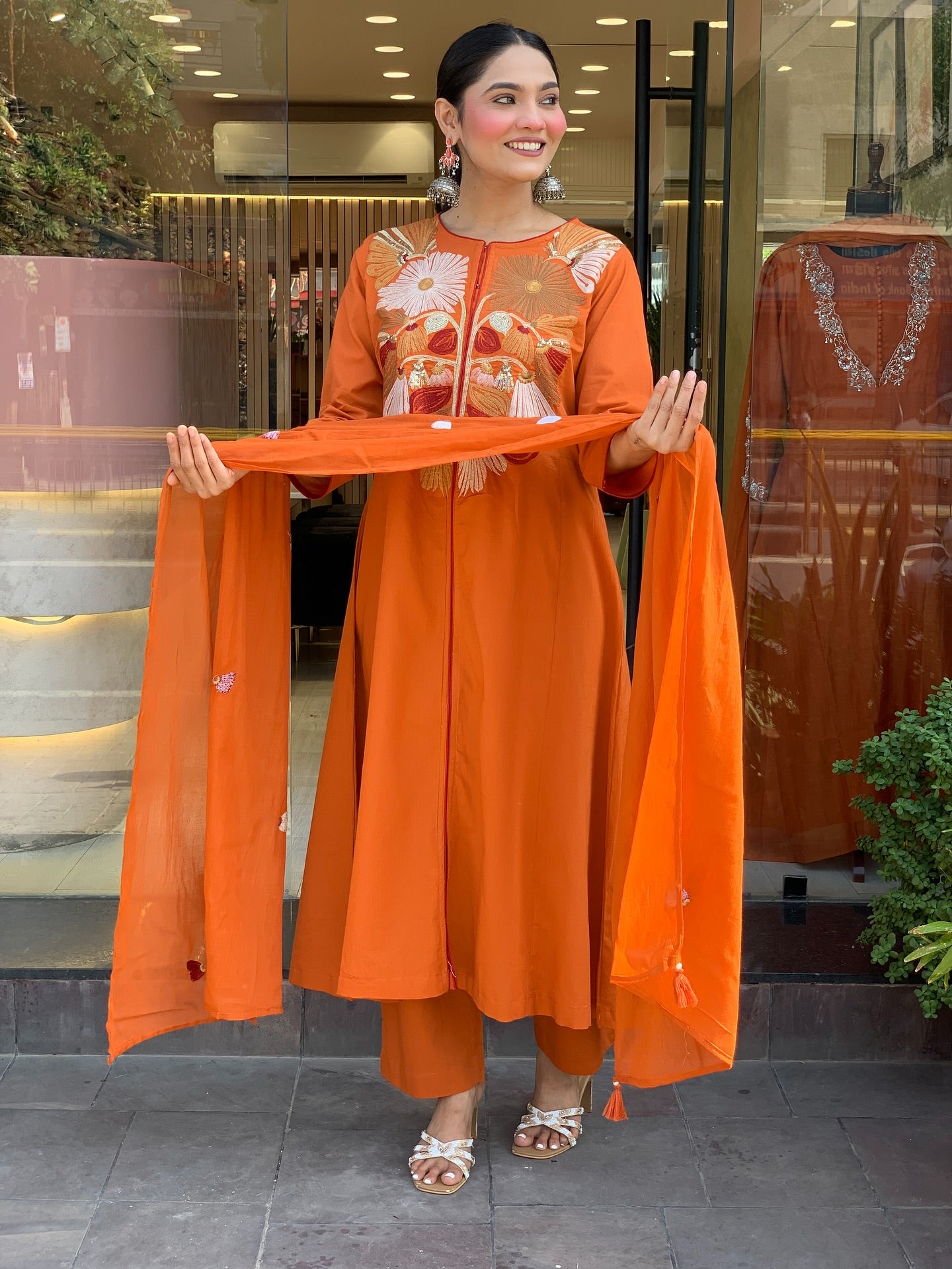 Vibrant Orange Crane Embroidered Kurta Set with Flared Silhouette