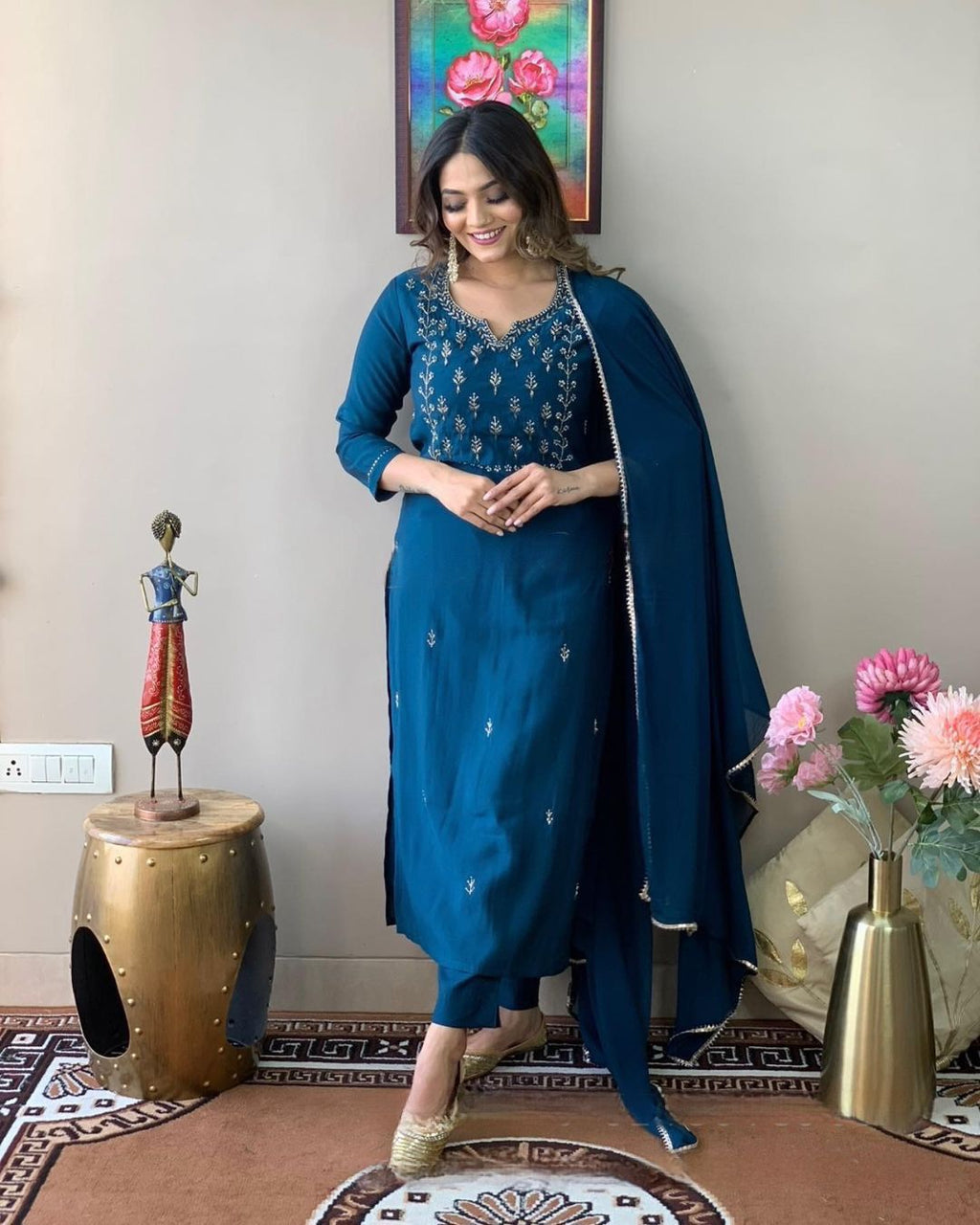 Teal Blue Rayon Salwar Suit with Dupatta - Embroidered Kurta Set