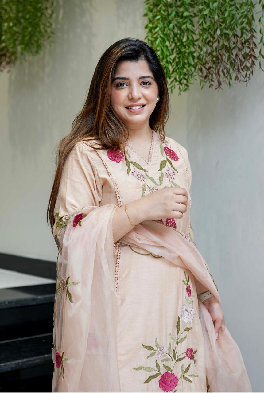 Peach Blossom Embroidered Kurta Dupatta Set