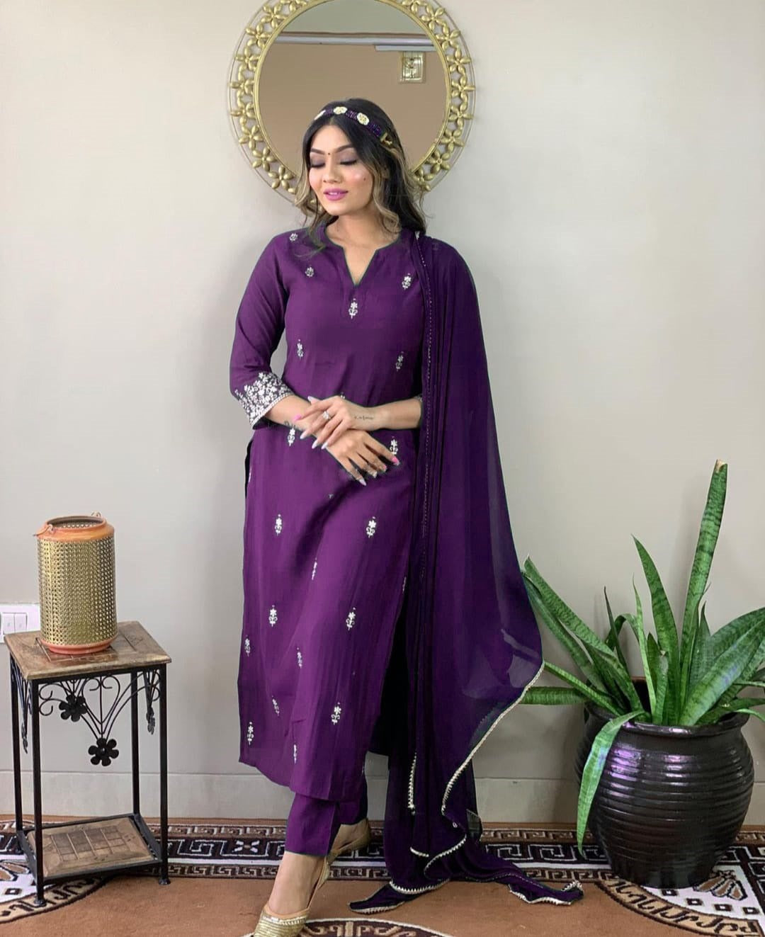 Elegant Purple Rayon Salwar Suit with Embroidered Chiffon Dupatta